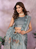 Greyish Blue Woven Floral Saree
