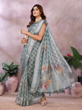 Greyish Blue Woven Floral Saree