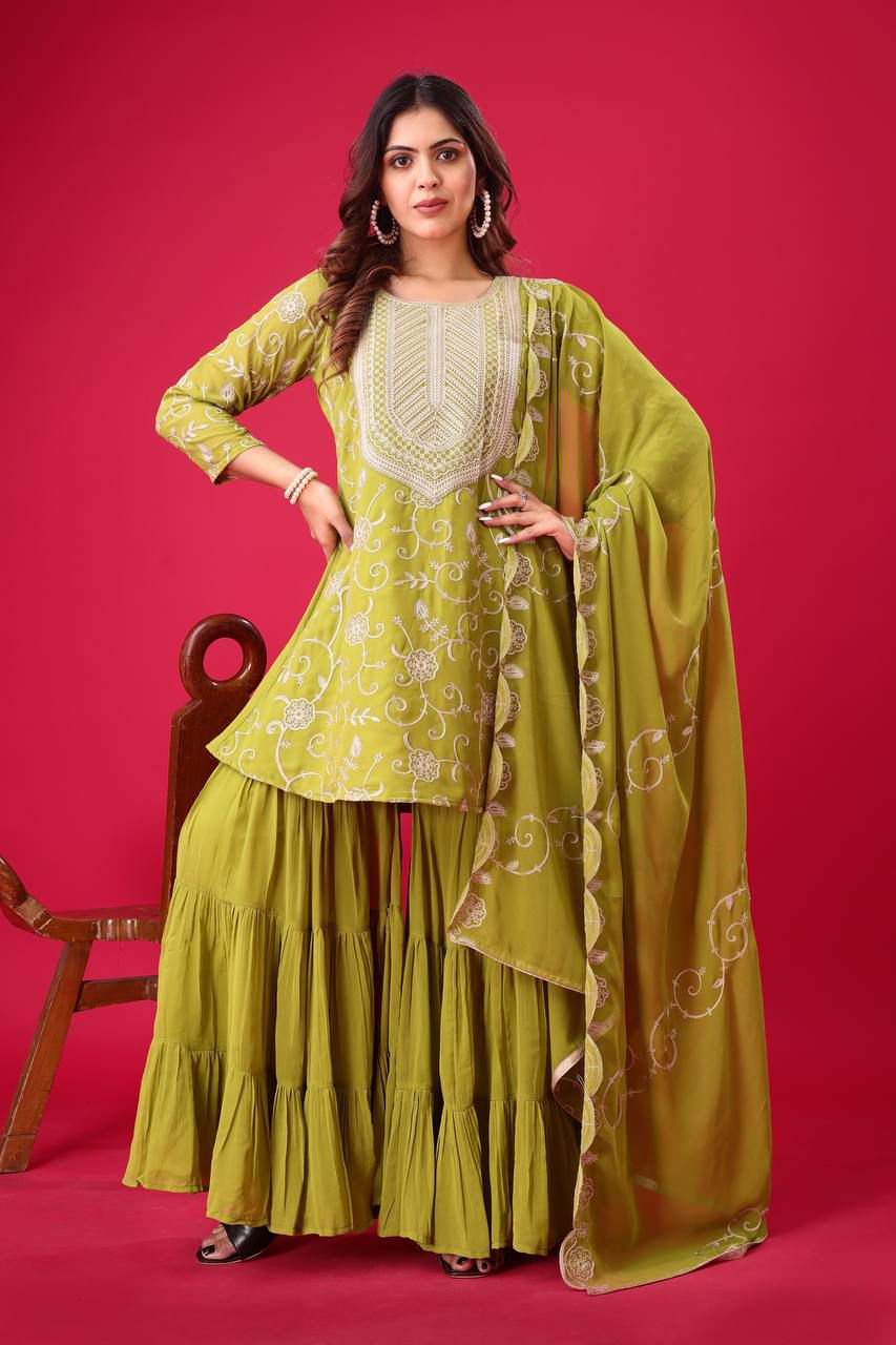 Designer Embroidered Georgette Top–Sharara Set with Dupatta
