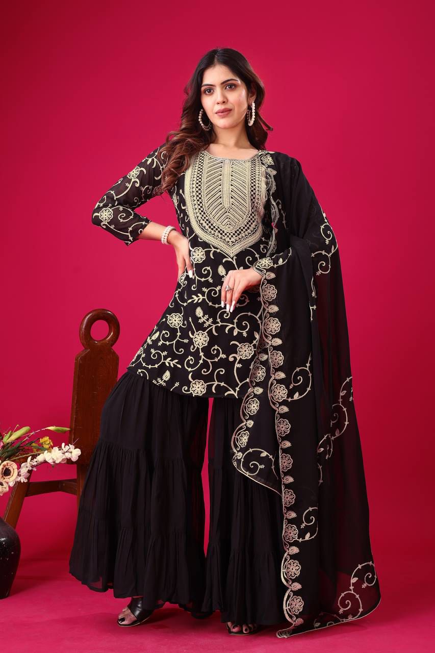 Designer Embroidered Georgette Top–Sharara Set with Dupatta
