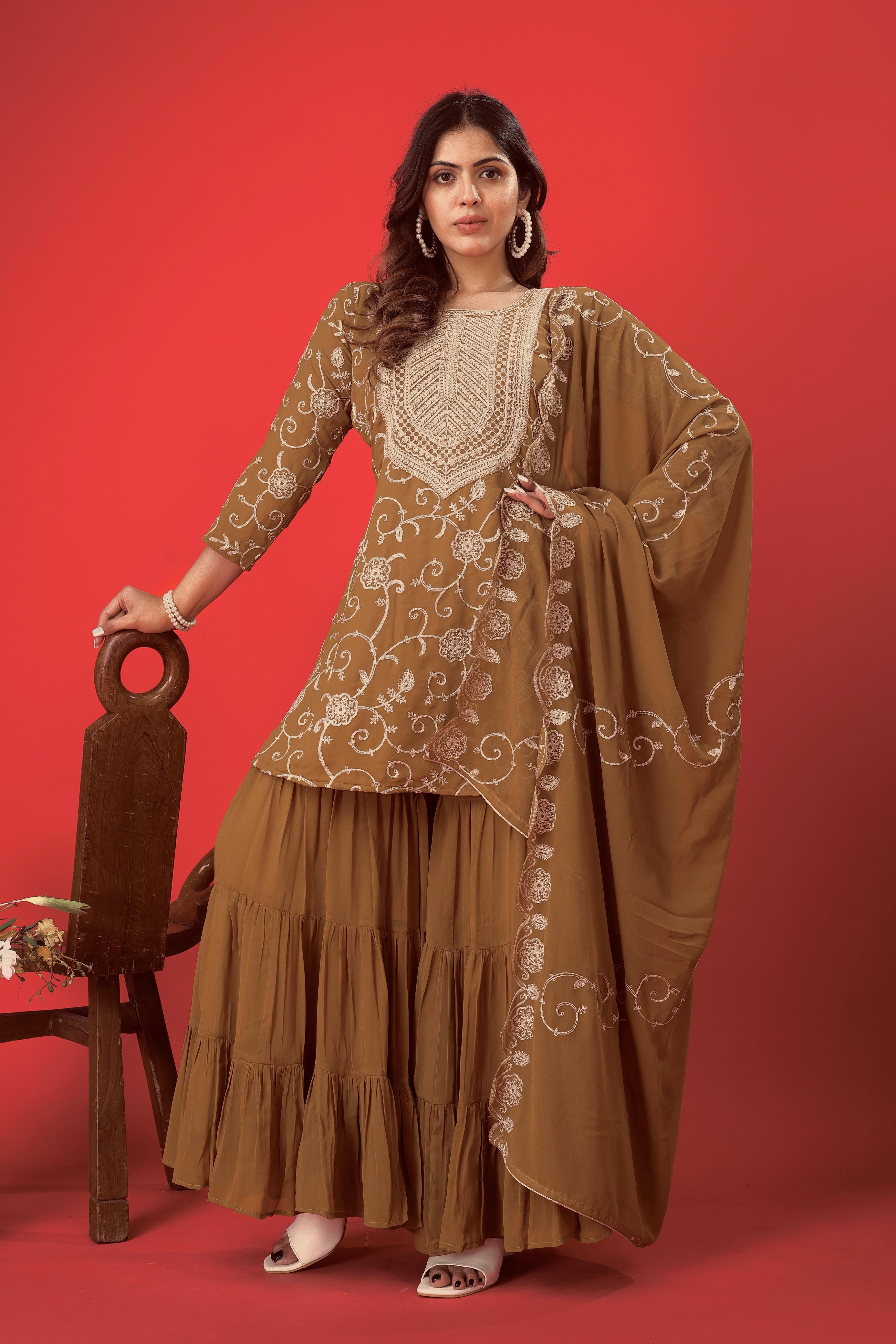 Designer Embroidered Georgette Top–Sharara Set with Dupatta