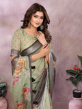 Olive Green & Black Floral Printed Saree
