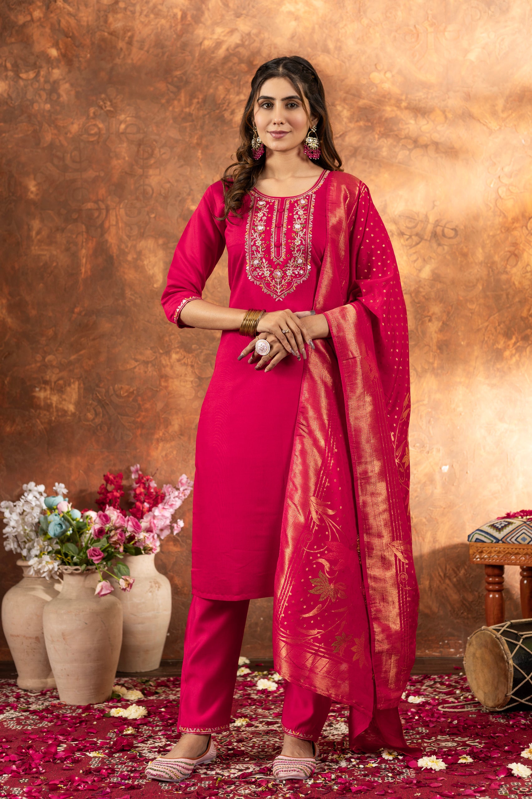 Embroidered Kurti, Salwar & Dupatta Set