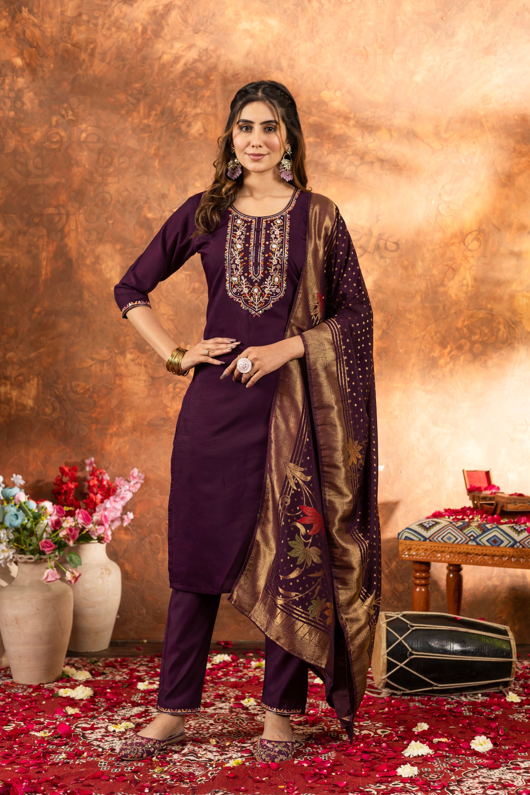 Embroidered Kurti, Salwar & Dupatta Set