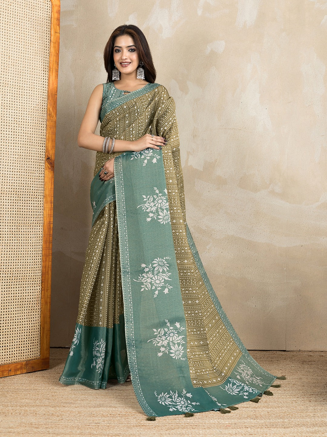 Olive Green Ethnic Printed Erode Anmol Silk Saree