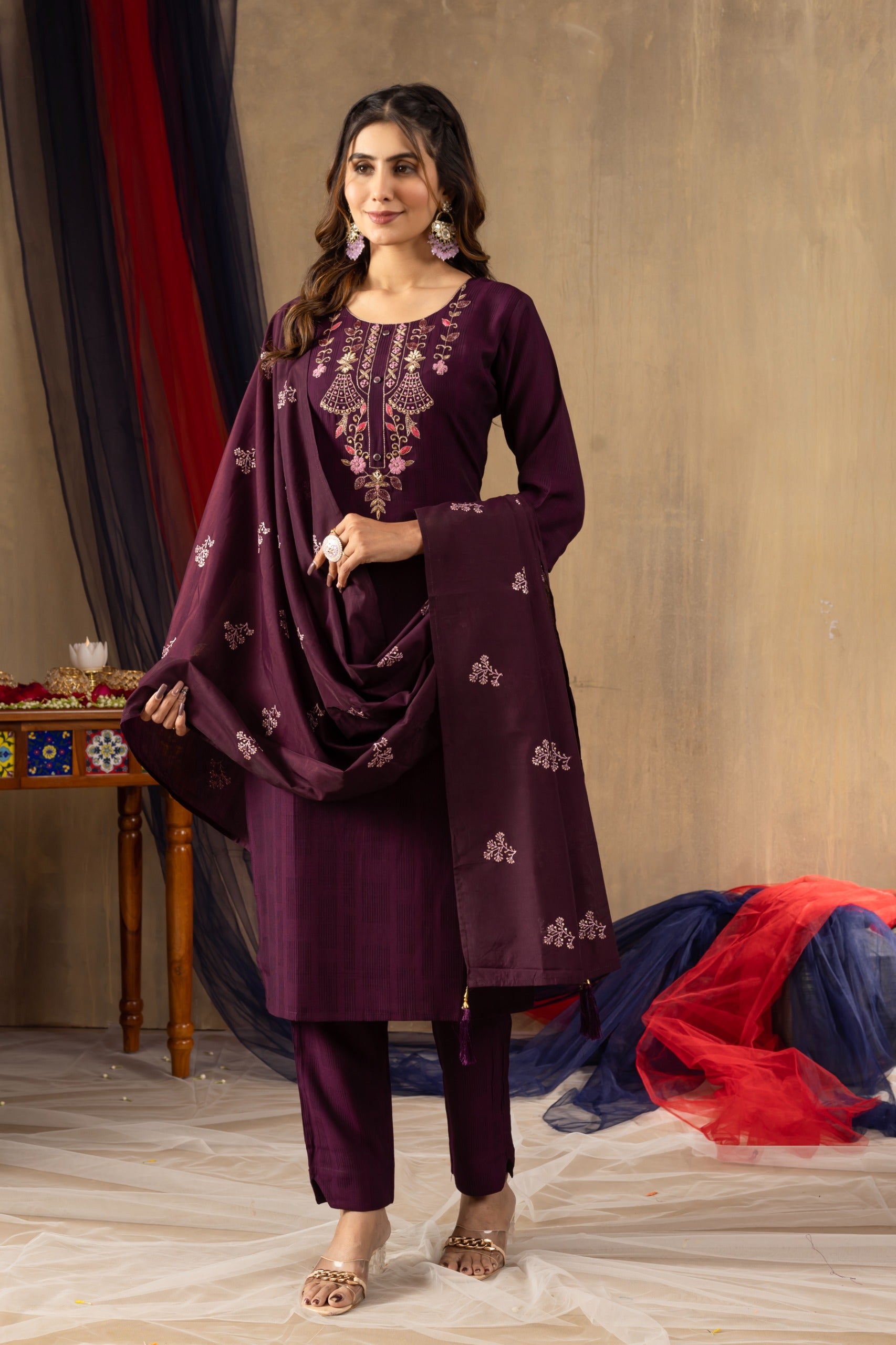 Elegant Viscose Kurti Set with Embroidered Pant and Chanderi Silk Dupatta
