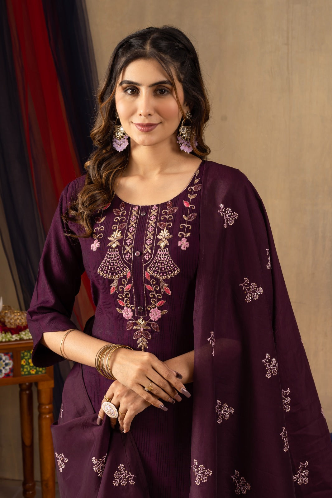 Elegant Viscose Kurti Set with Embroidered Pant and Chanderi Silk Dupatta