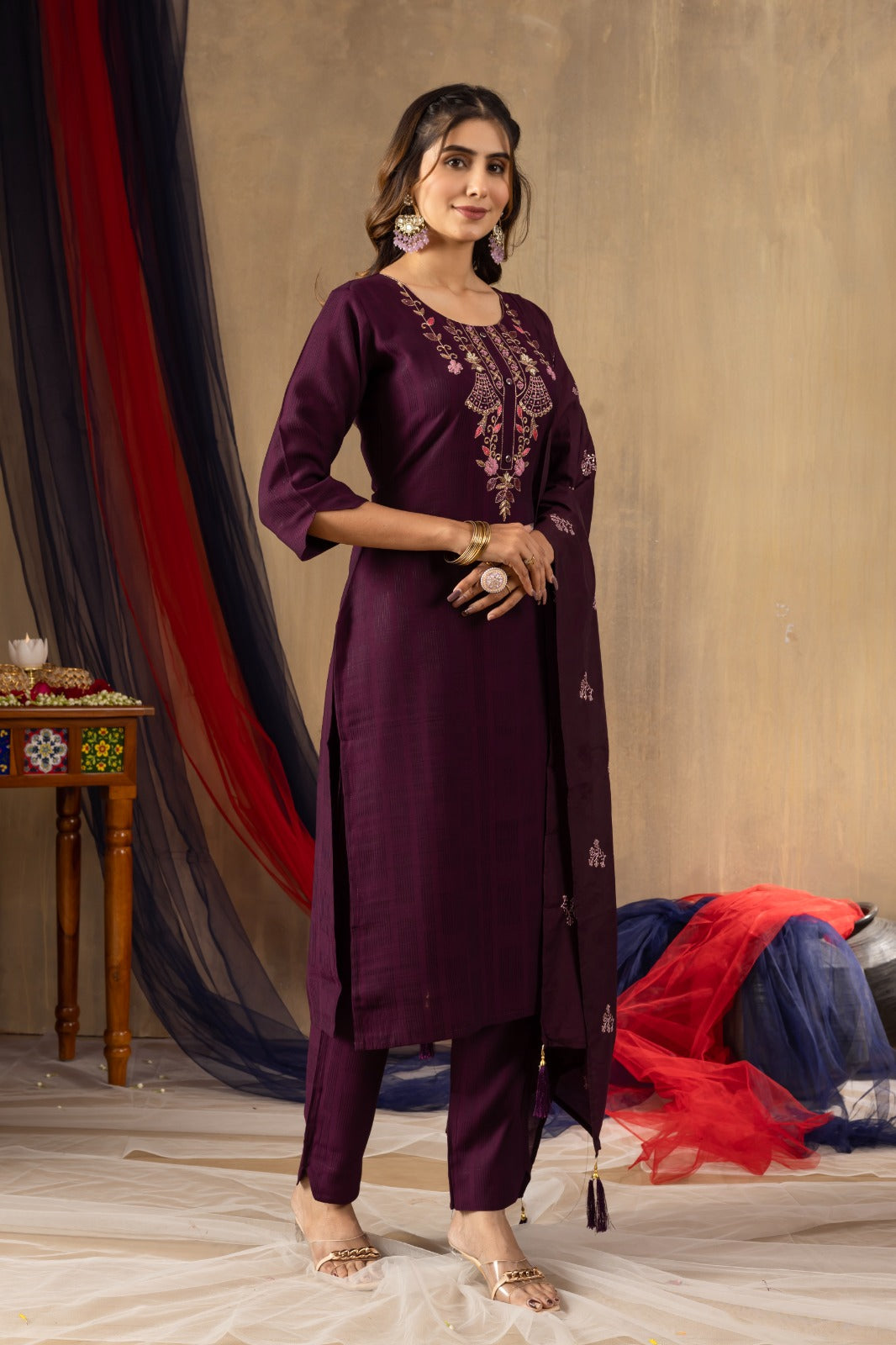 Elegant Viscose Kurti Set with Embroidered Pant and Chanderi Silk Dupatta