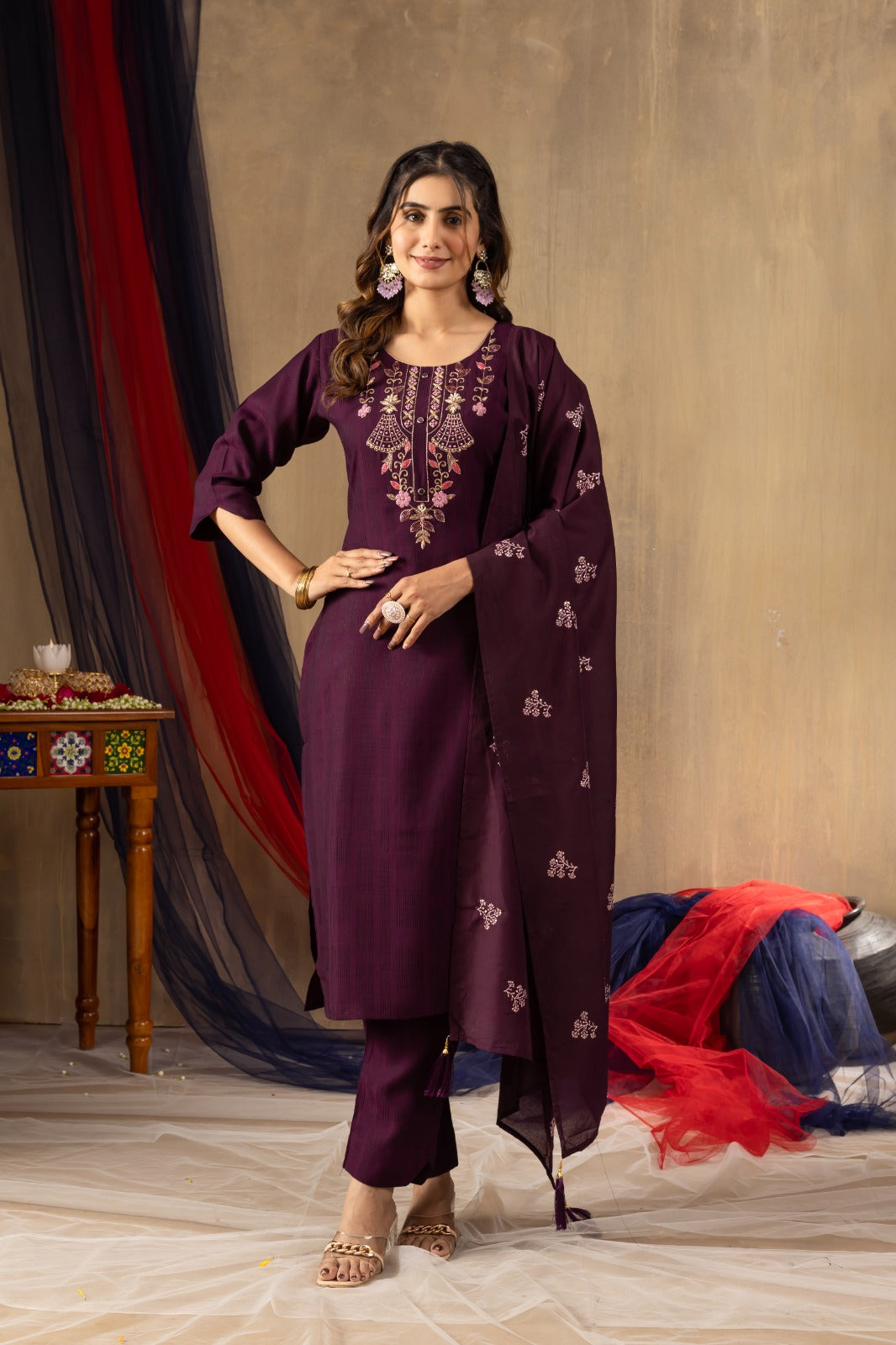Elegant Viscose Kurti Set with Embroidered Pant and Chanderi Silk Dupatta