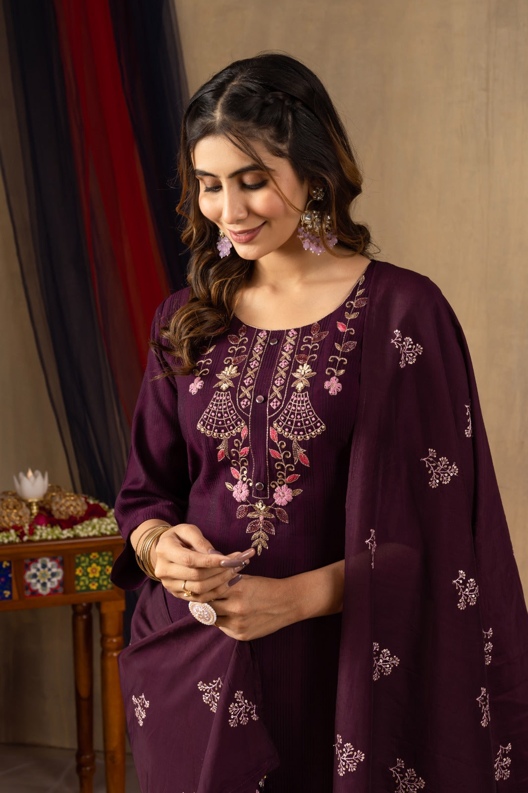 Elegant Viscose Kurti Set with Embroidered Pant and Chanderi Silk Dupatta