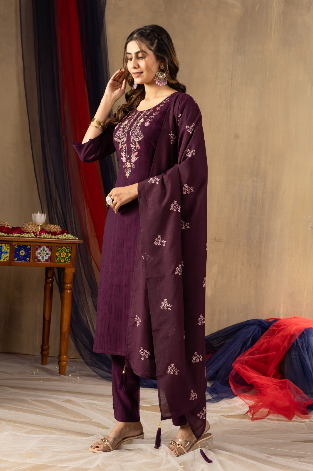 Elegant Viscose Kurti Set with Embroidered Pant and Chanderi Silk Dupatta