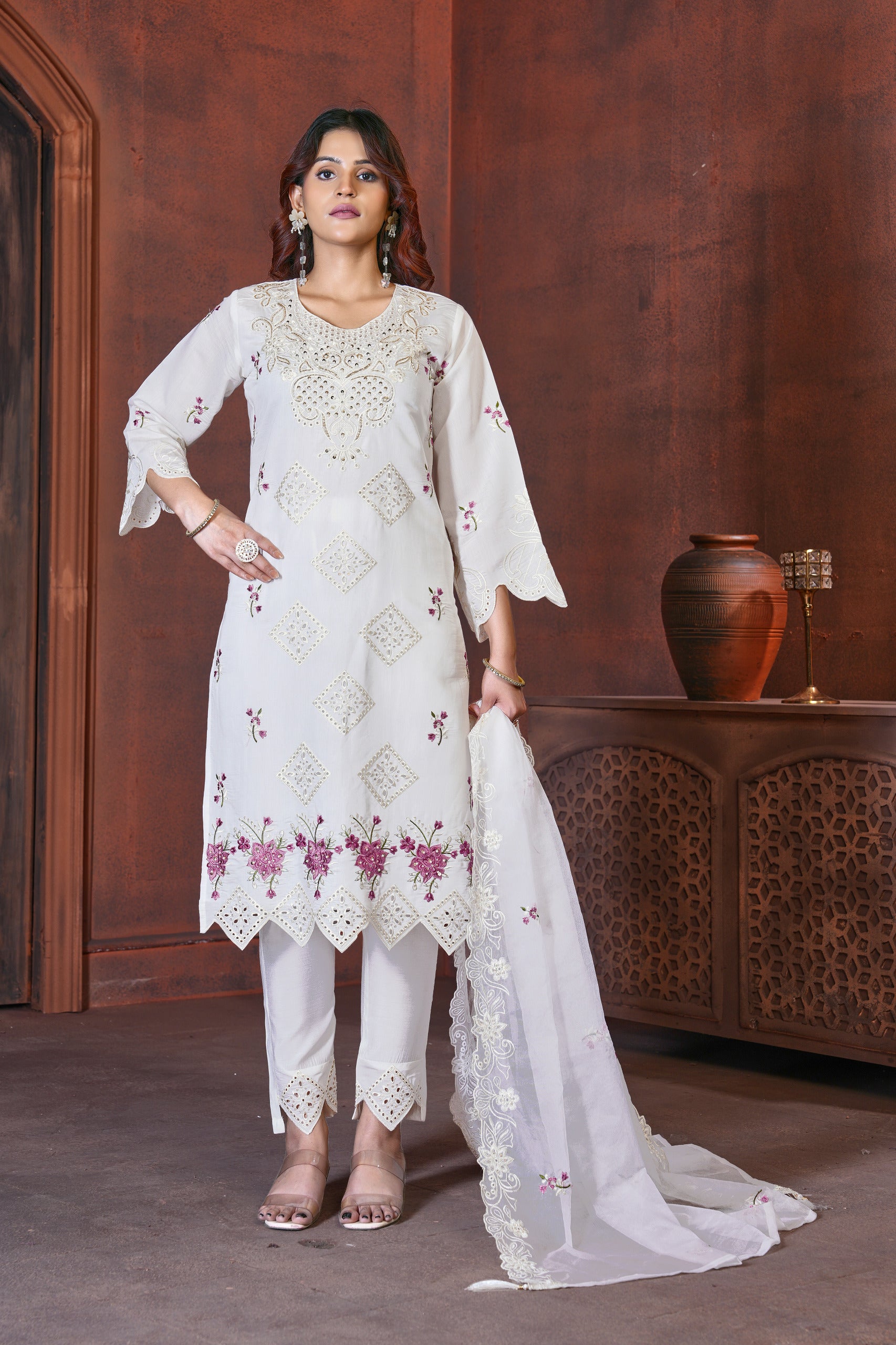 Women’s Heavy Viscose Roman Embroidered Kurta Set with Organza Dupatta | Premium Festive Collection