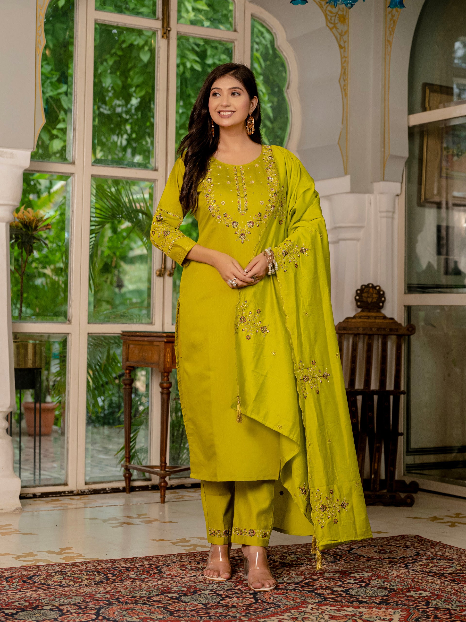 Elegant Marina Silk Embroidered Straight Kurti Pant Dupatta Set