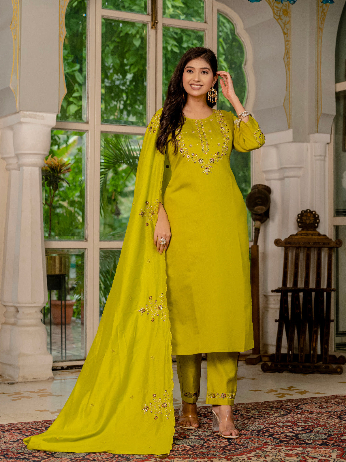 Elegant Marina Silk Embroidered Straight Kurti Pant Dupatta Set