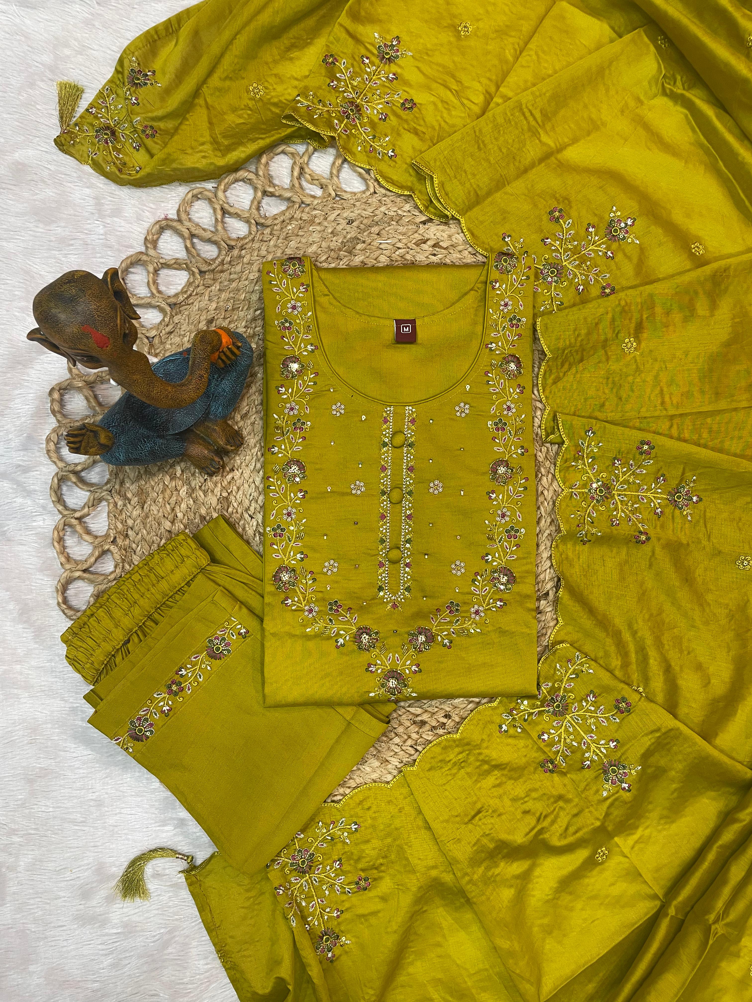 Elegant Marina Silk Embroidered Straight Kurti Pant Dupatta Set