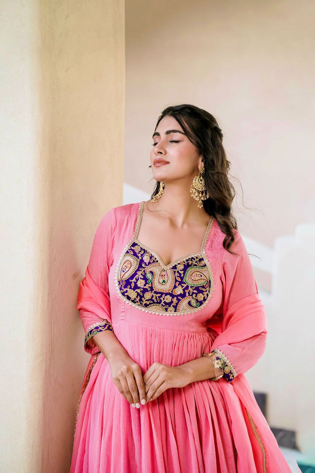 Heavy Crunchy Silk Embroidered Party Wear Gown Set with Dupatta and Pant