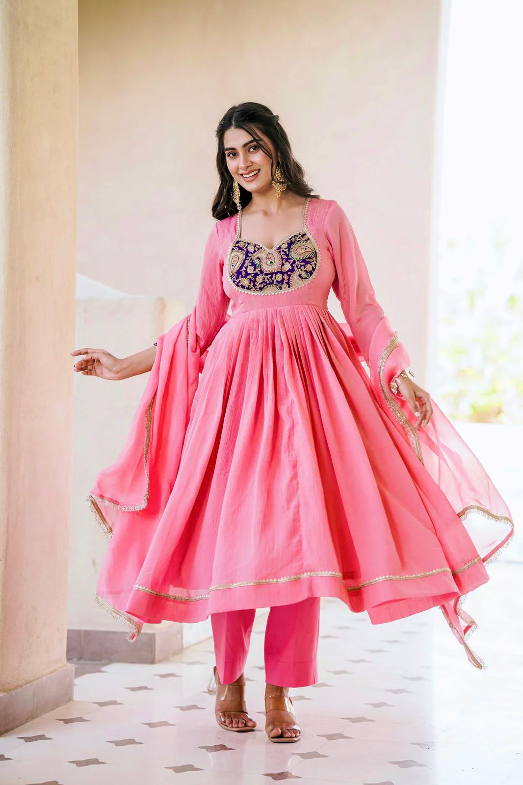 Heavy Crunchy Silk Embroidered Party Wear Gown Set with Dupatta and Pant