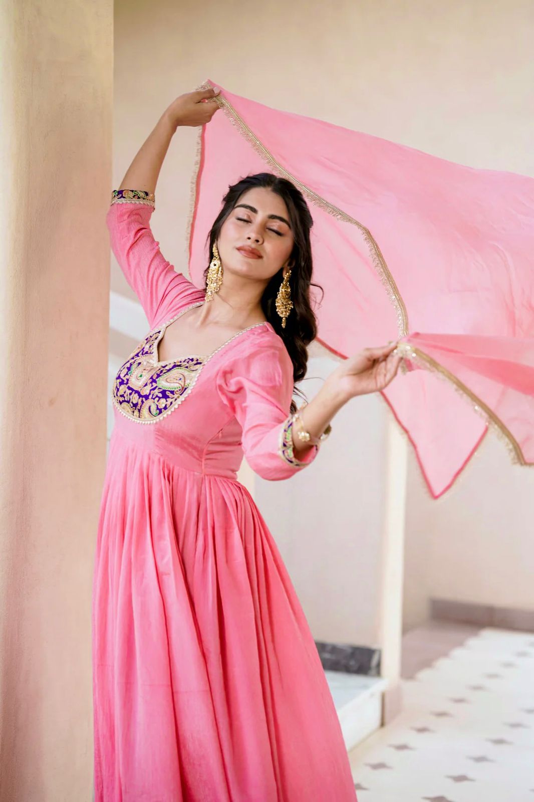 Heavy Crunchy Silk Embroidered Party Wear Gown Set with Dupatta and Pant