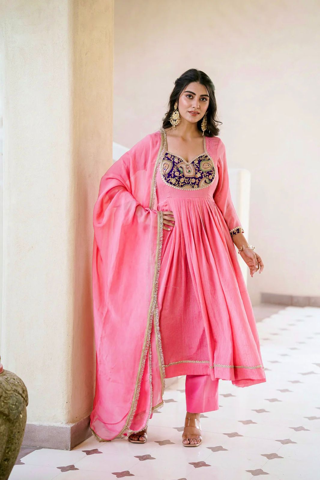 Heavy Crunchy Silk Embroidered Party Wear Gown Set with Dupatta and Pant