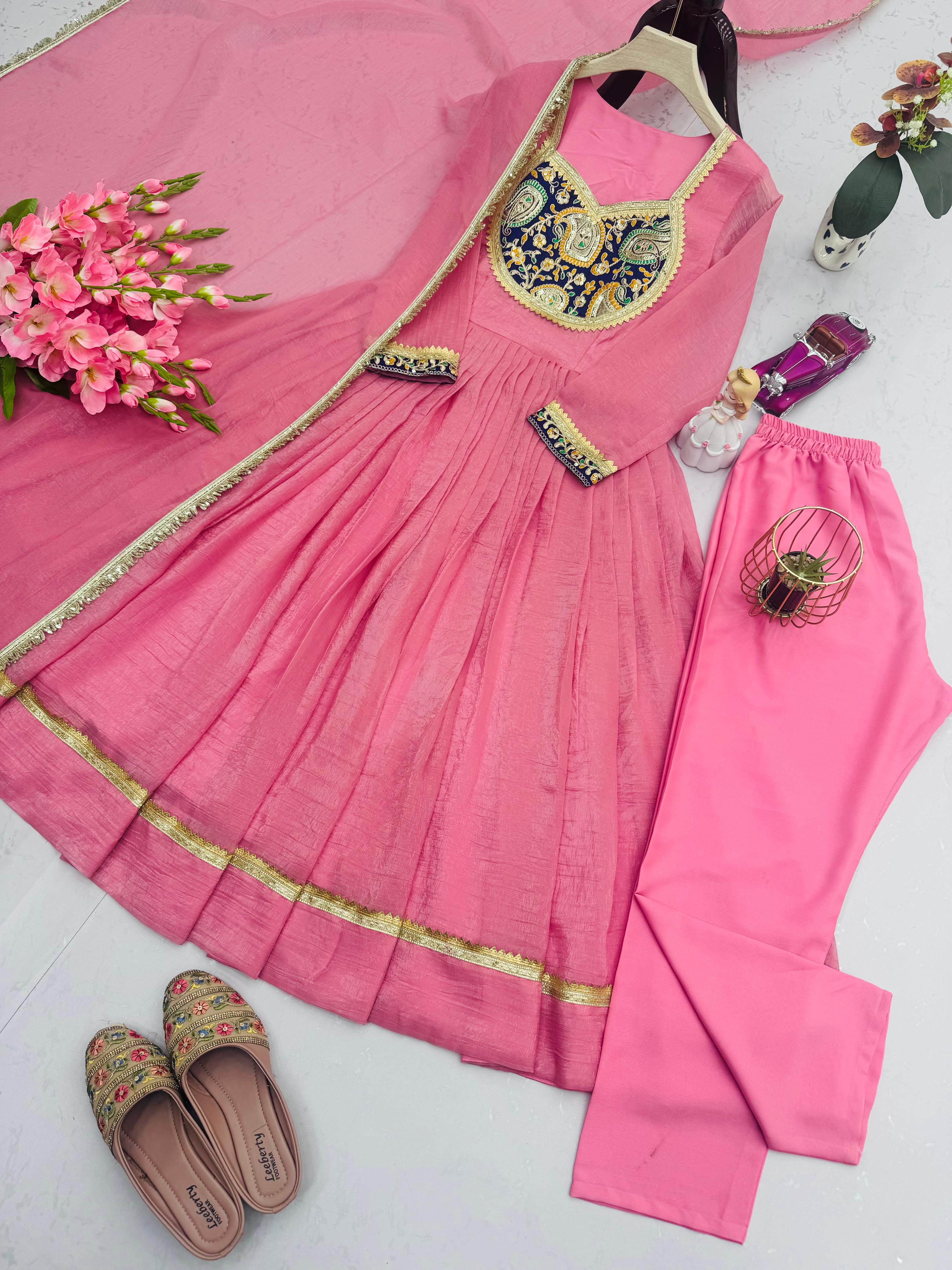 Heavy Crunchy Silk Embroidered Party Wear Gown Set with Dupatta and Pant