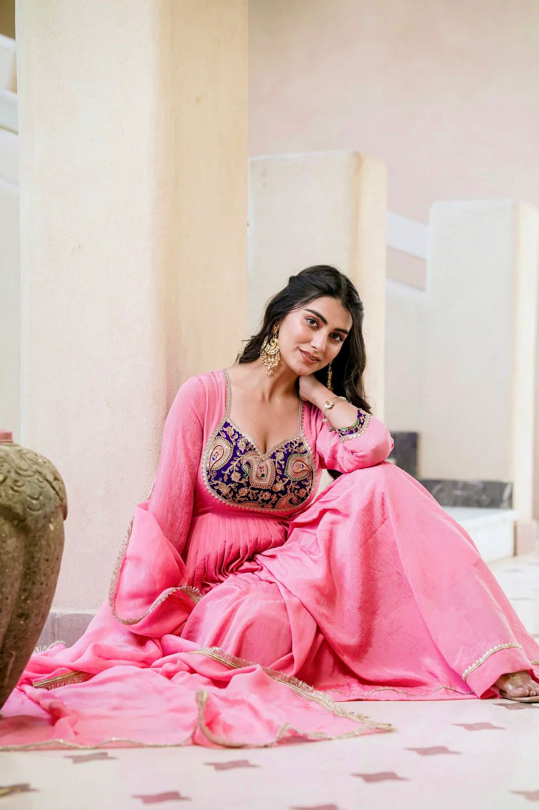 Heavy Crunchy Silk Embroidered Party Wear Gown Set with Dupatta and Pant