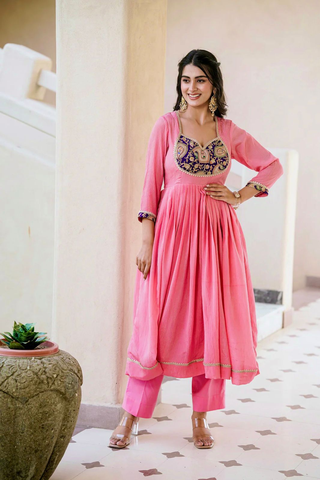 Heavy Crunchy Silk Embroidered Party Wear Gown Set with Dupatta and Pant