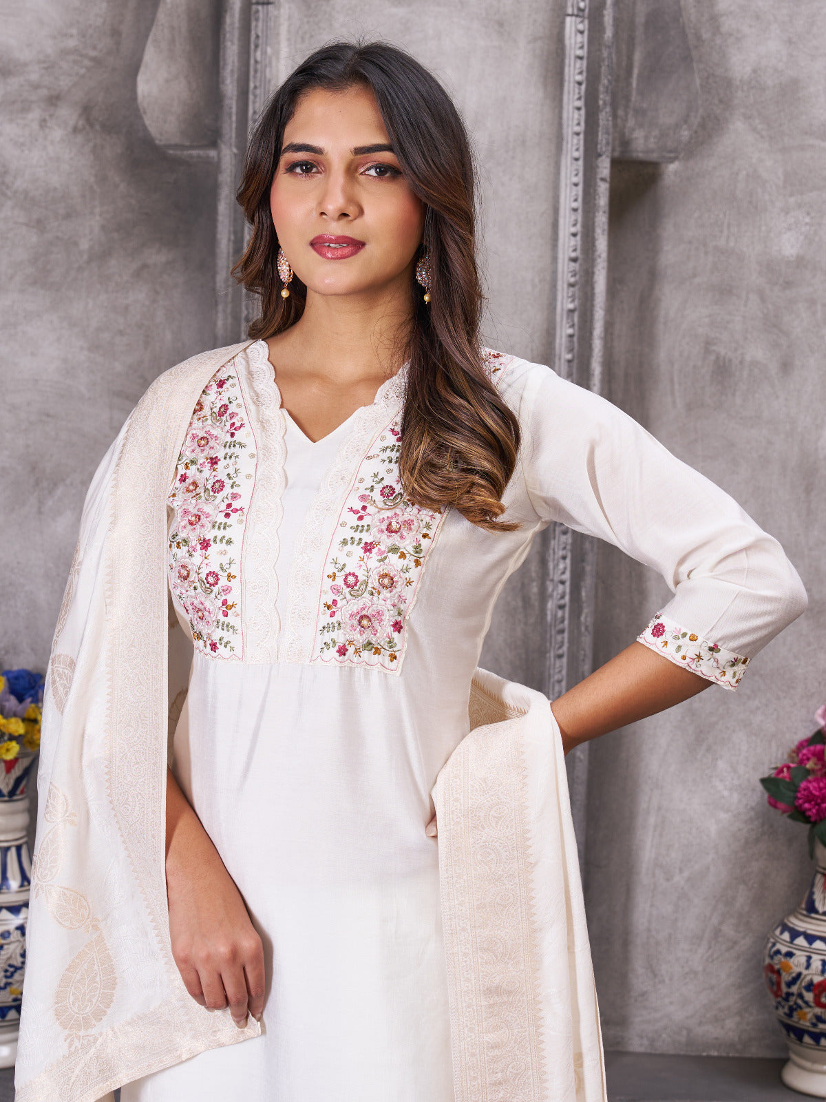 Roman Silk Embroidered Kurta with Pant and Maslin Jacquard Dupatta Set