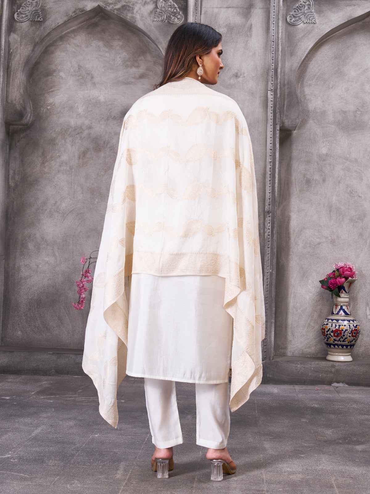 Roman Silk Embroidered Kurta with Pant and Maslin Jacquard Dupatta Set