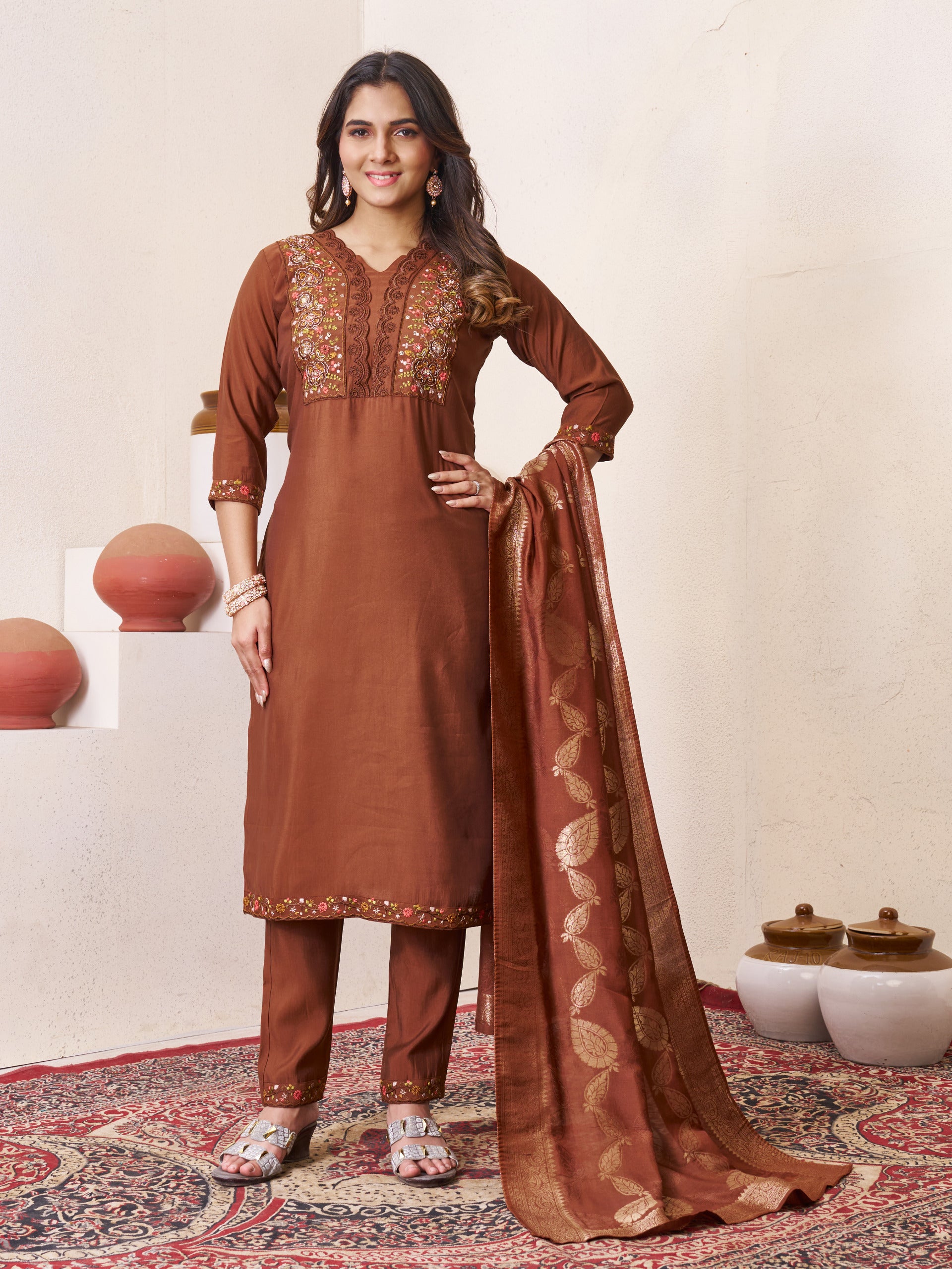 Roman Silk Embroidered Kurta with Pant and Maslin Jacquard Dupatta Set