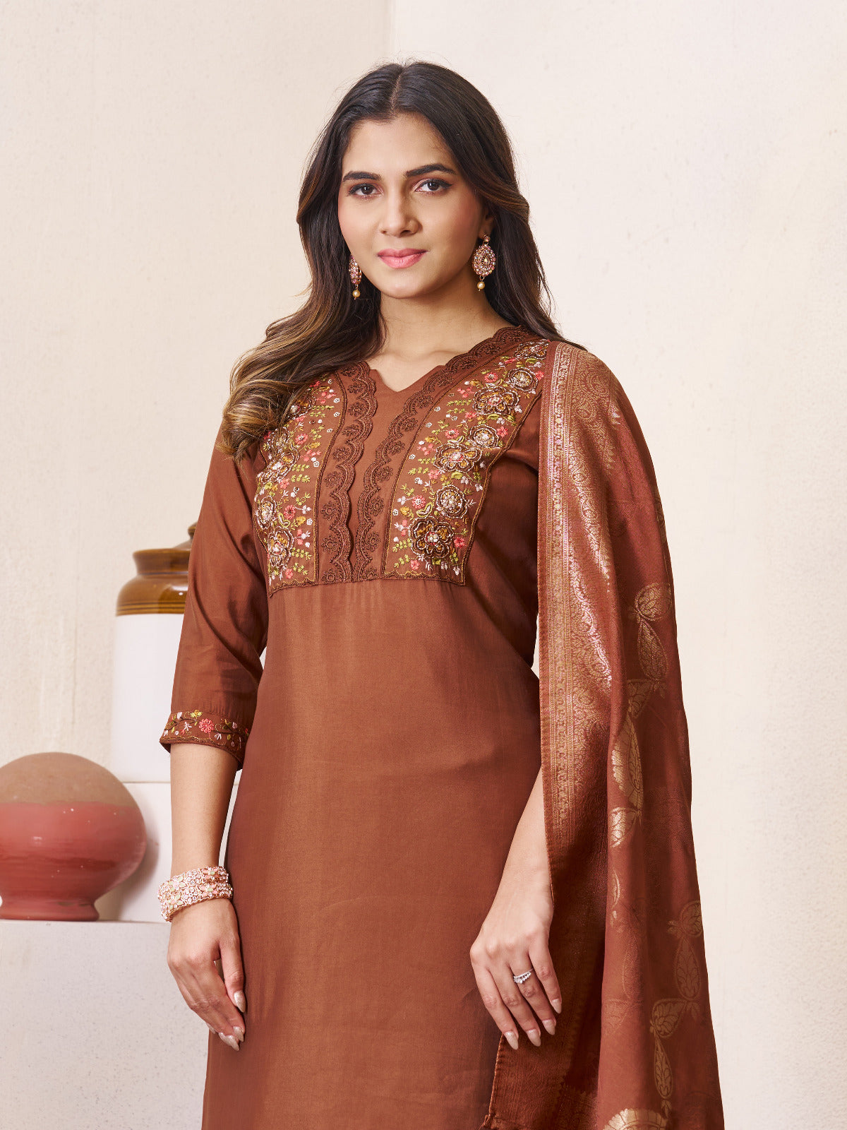 Roman Silk Embroidered Kurta with Pant and Maslin Jacquard Dupatta Set