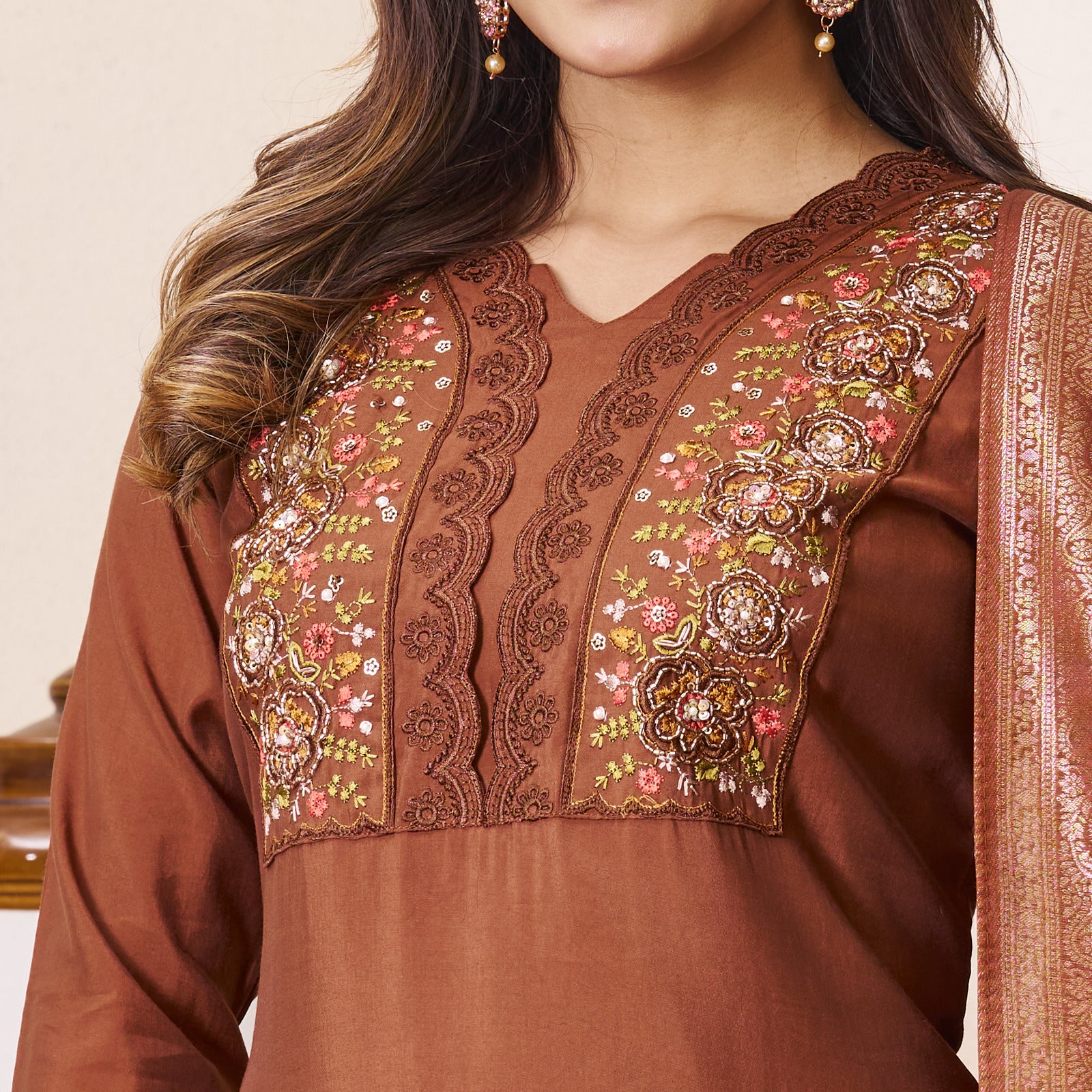 Roman Silk Embroidered Kurta with Pant and Maslin Jacquard Dupatta Set