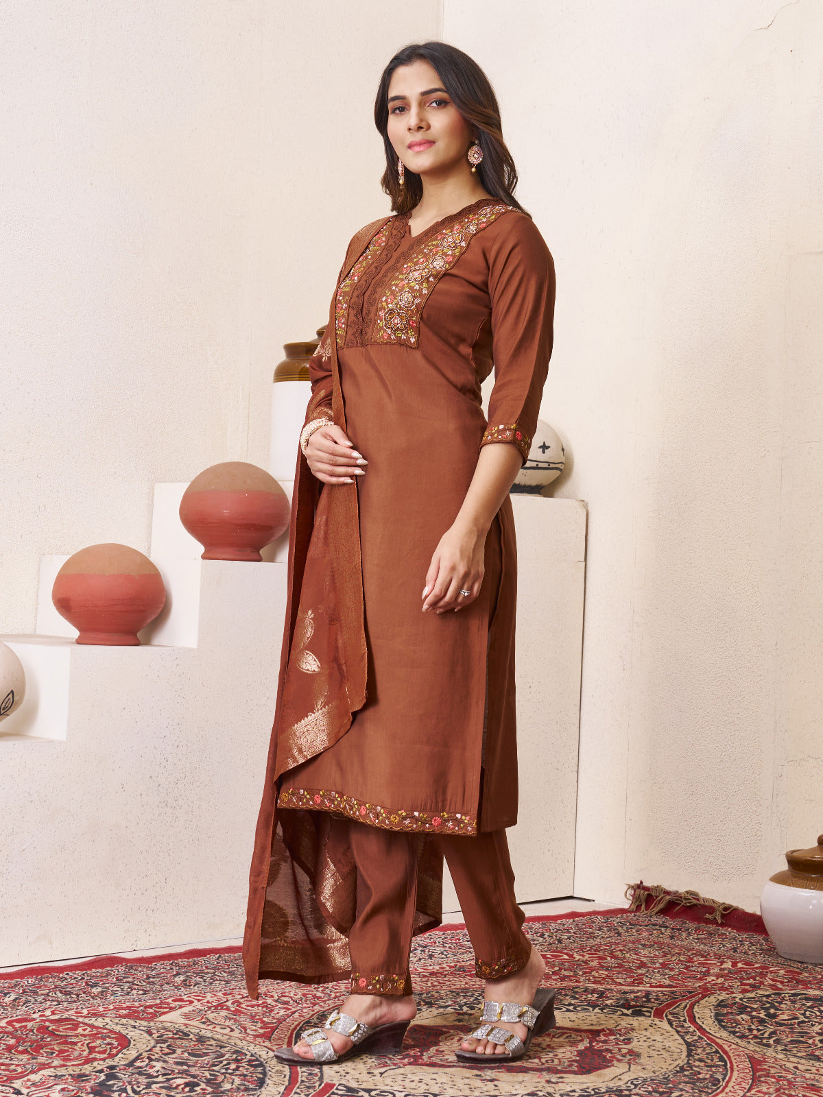 Roman Silk Embroidered Kurta with Pant and Maslin Jacquard Dupatta Set