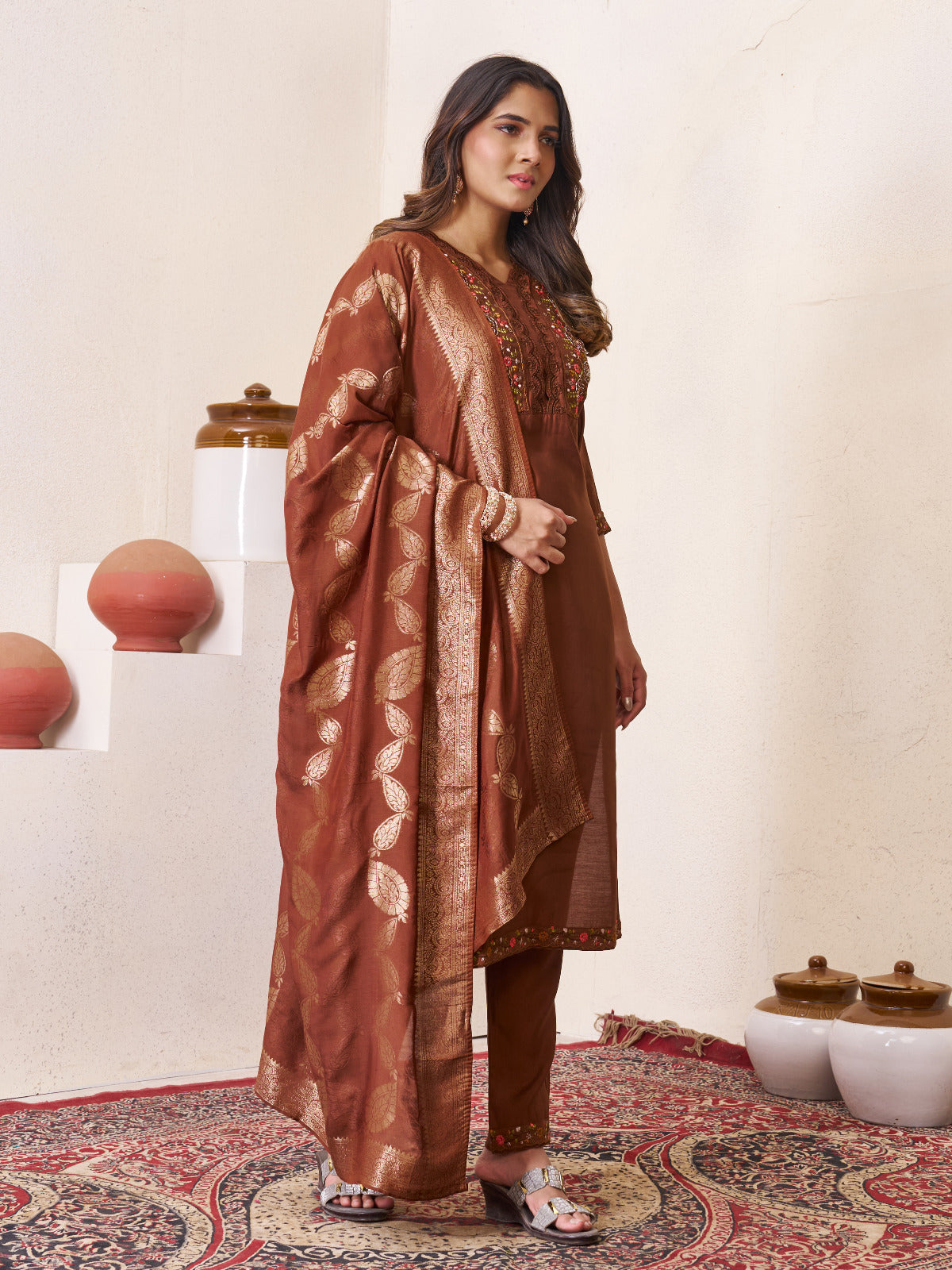 Roman Silk Embroidered Kurta with Pant and Maslin Jacquard Dupatta Set
