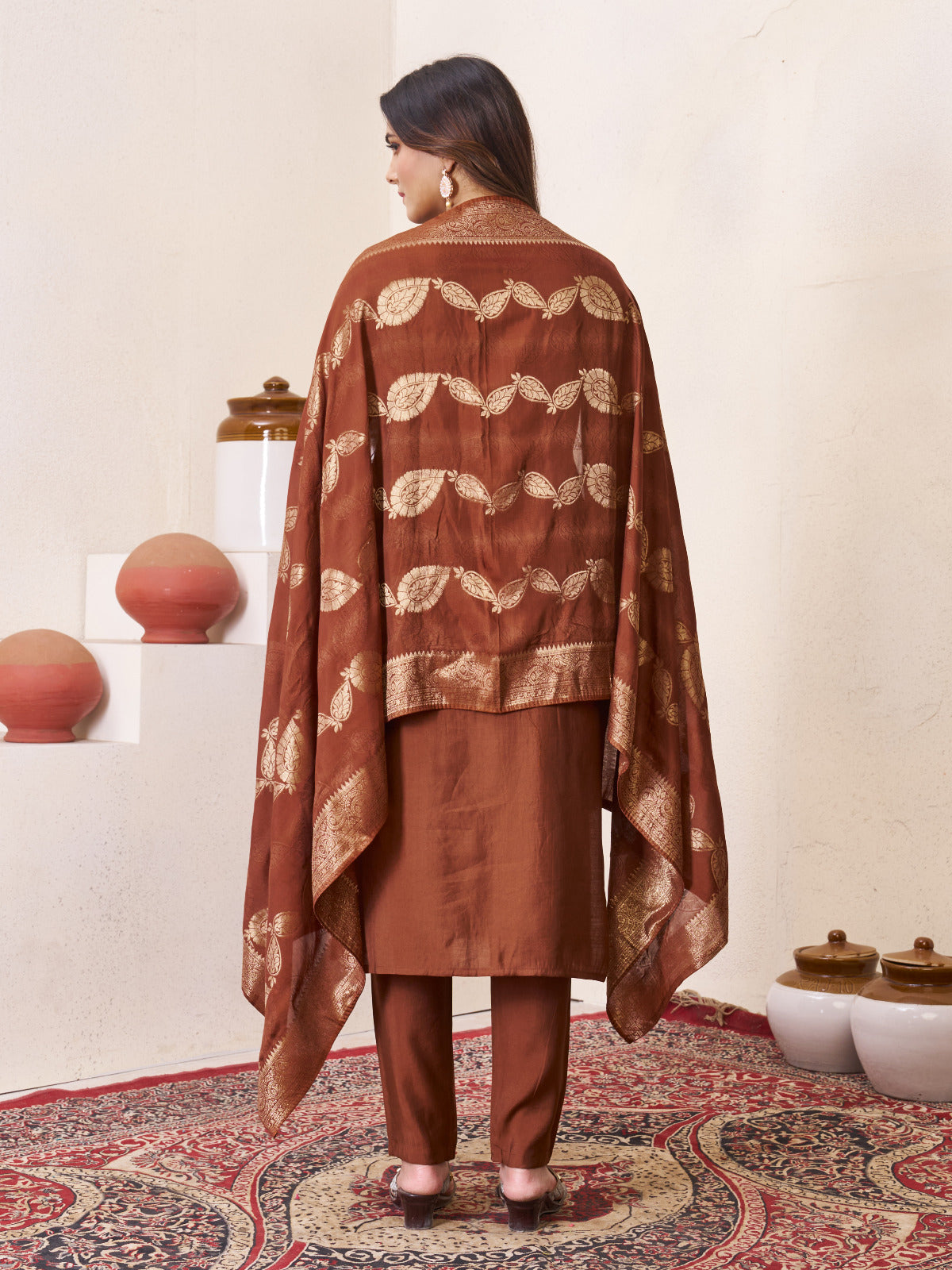 Roman Silk Embroidered Kurta with Pant and Maslin Jacquard Dupatta Set