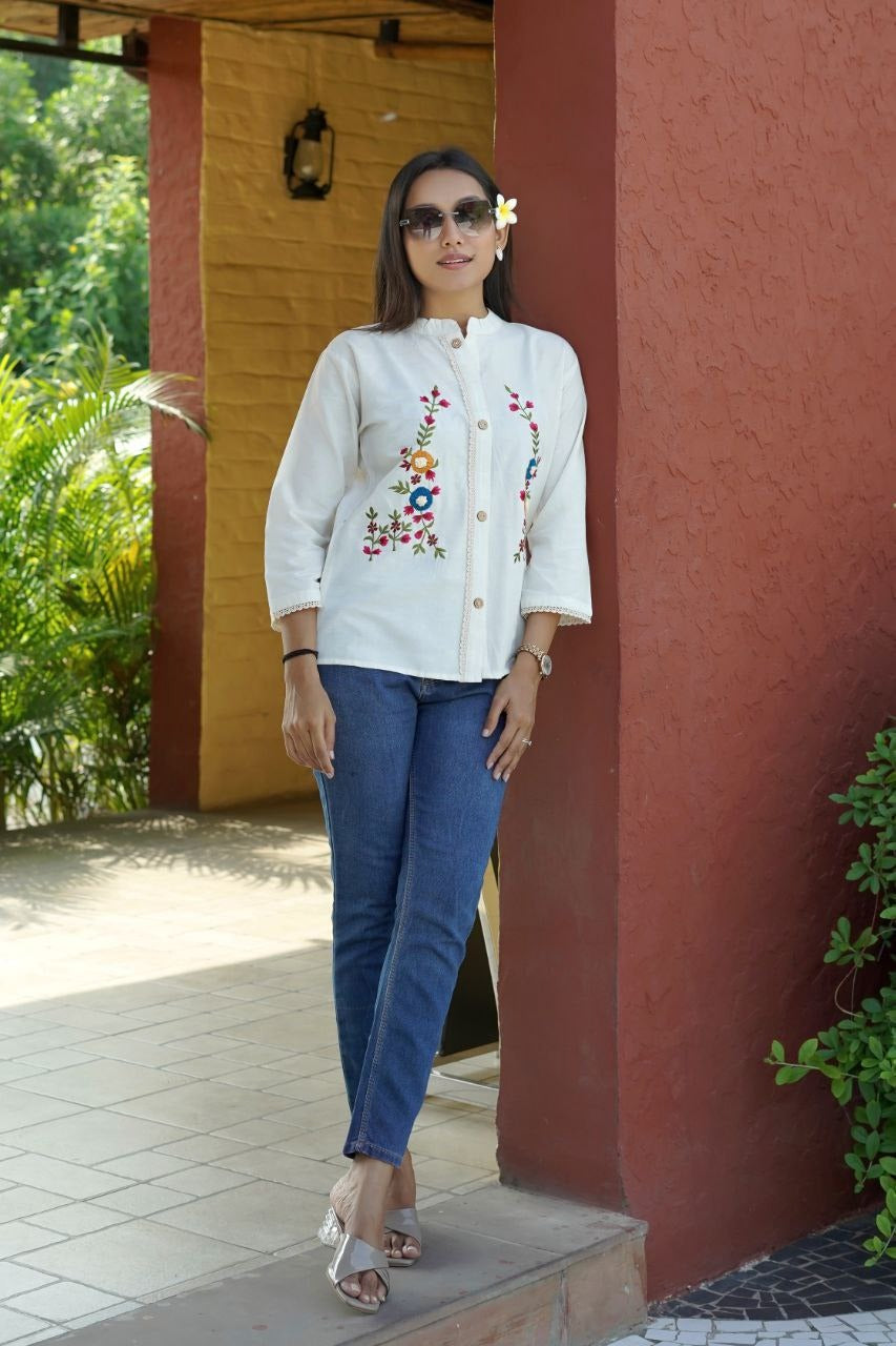 Premium Cotton Flex Embroidered Stand-Collar Button-Down Top | Elegant Casual Wear