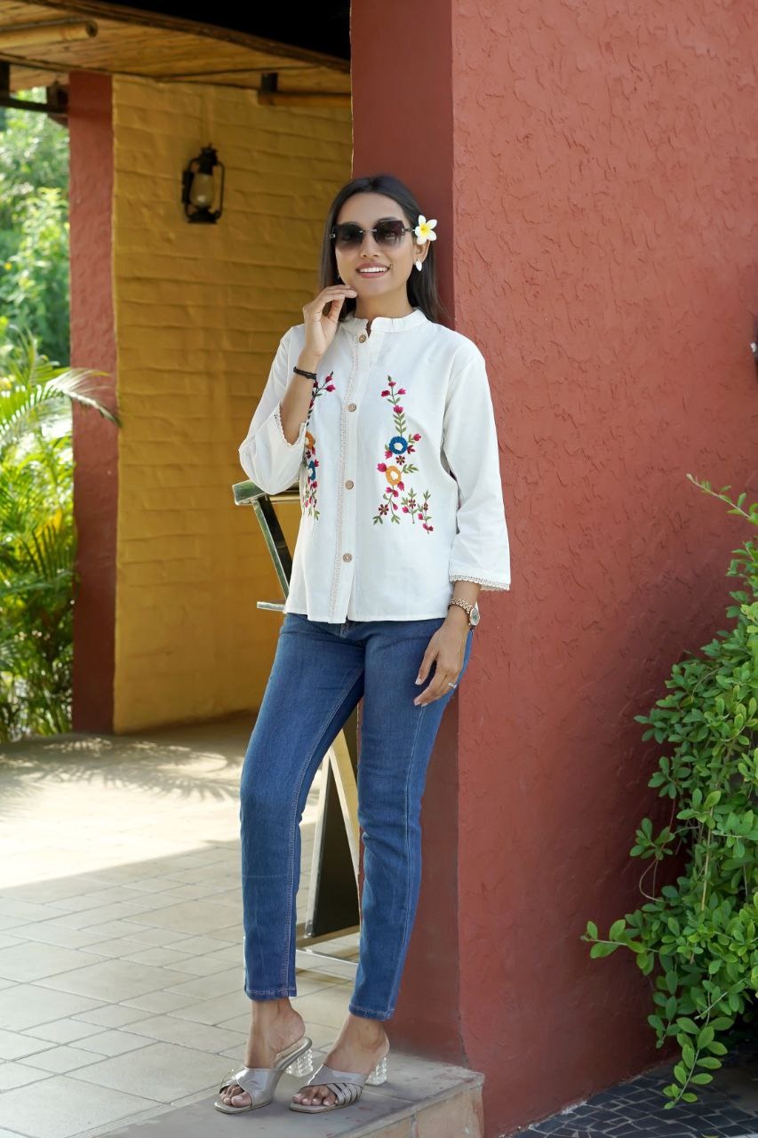 Premium Cotton Flex Embroidered Stand-Collar Button-Down Top | Elegant Casual Wear