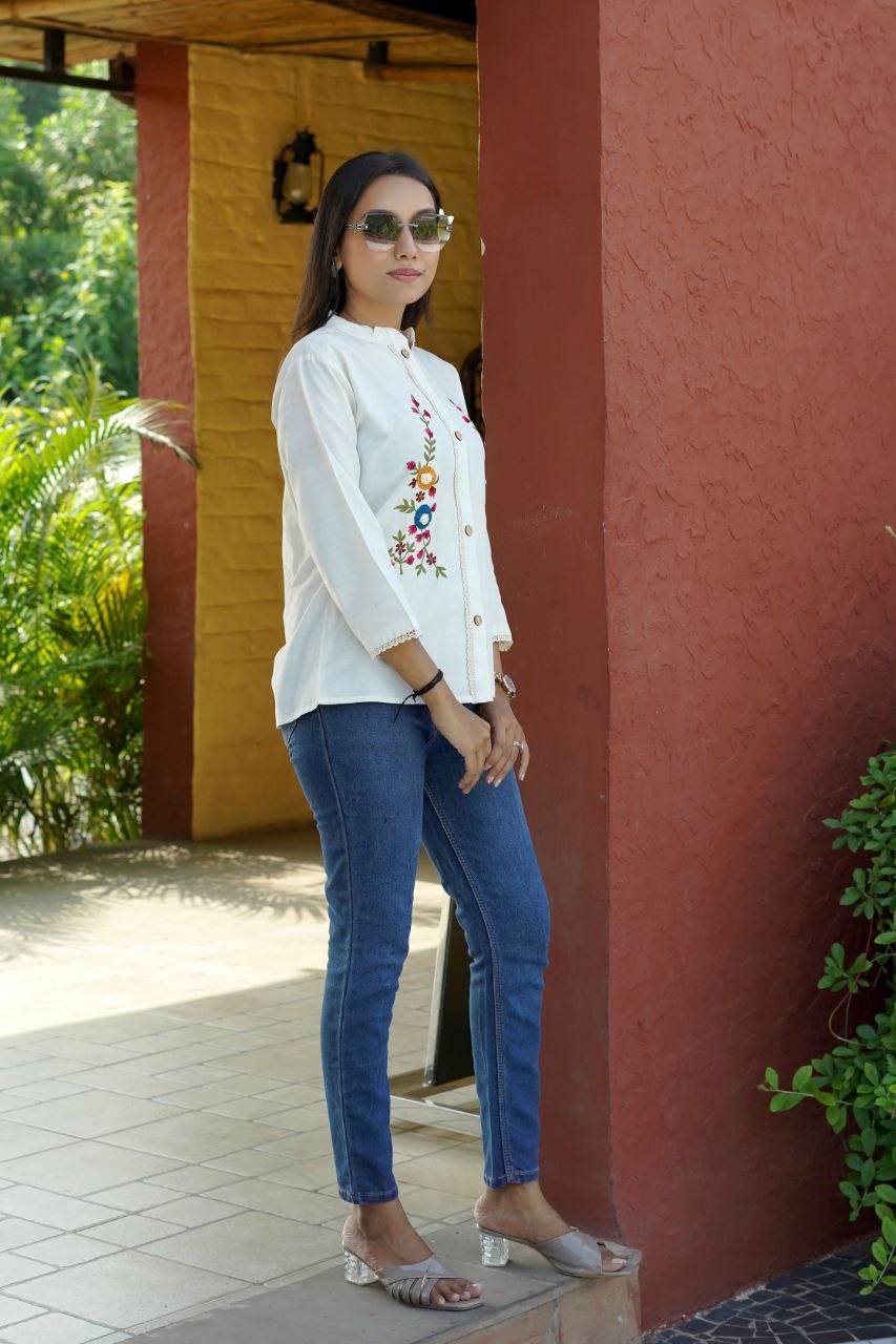 Premium Cotton Flex Embroidered Stand-Collar Button-Down Top | Elegant Casual Wear