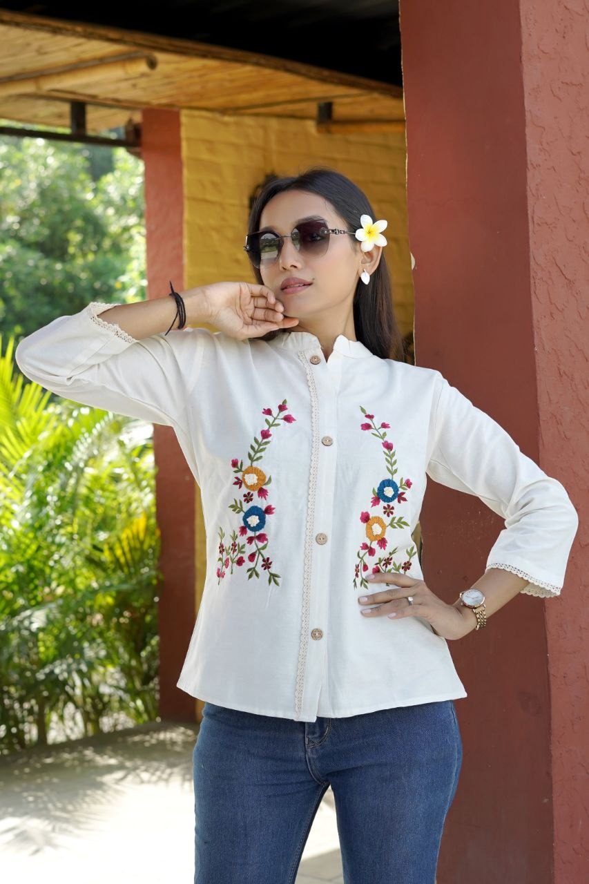 Premium Cotton Flex Embroidered Stand-Collar Button-Down Top | Elegant Casual Wear