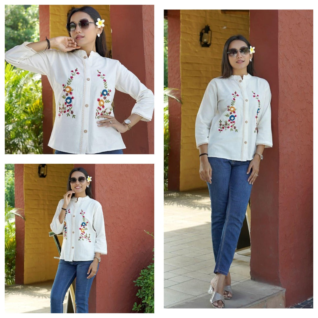 Premium Cotton Flex Embroidered Stand-Collar Button-Down Top | Elegant Casual Wear