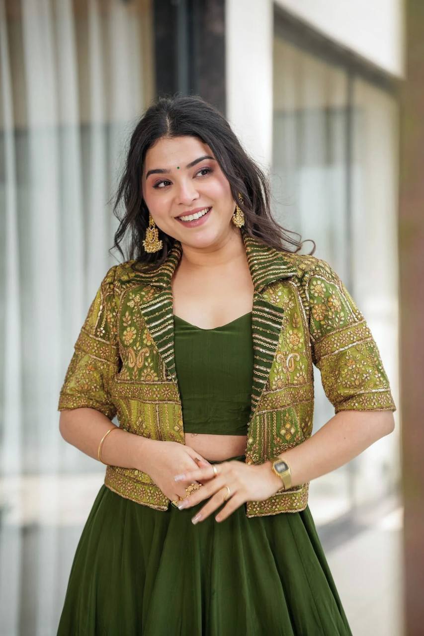 Designer 3-Piece Heavy Embroidered Mono Silk Koti, Choli & Faux Georgette Lehenga Set