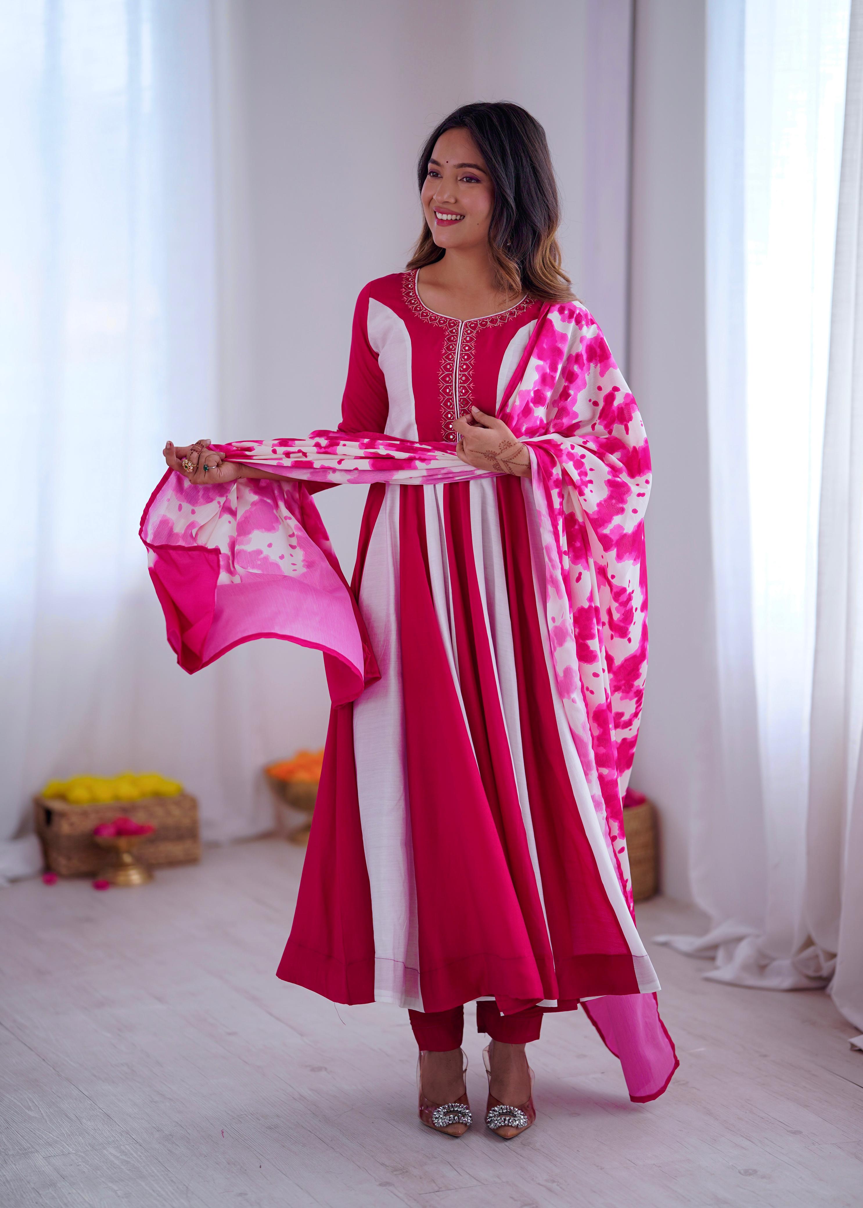 Premium Roman Silk Embroidered Anarkali Set with Digital Printed Dupatta | Fully Stitched 3-Piece Set