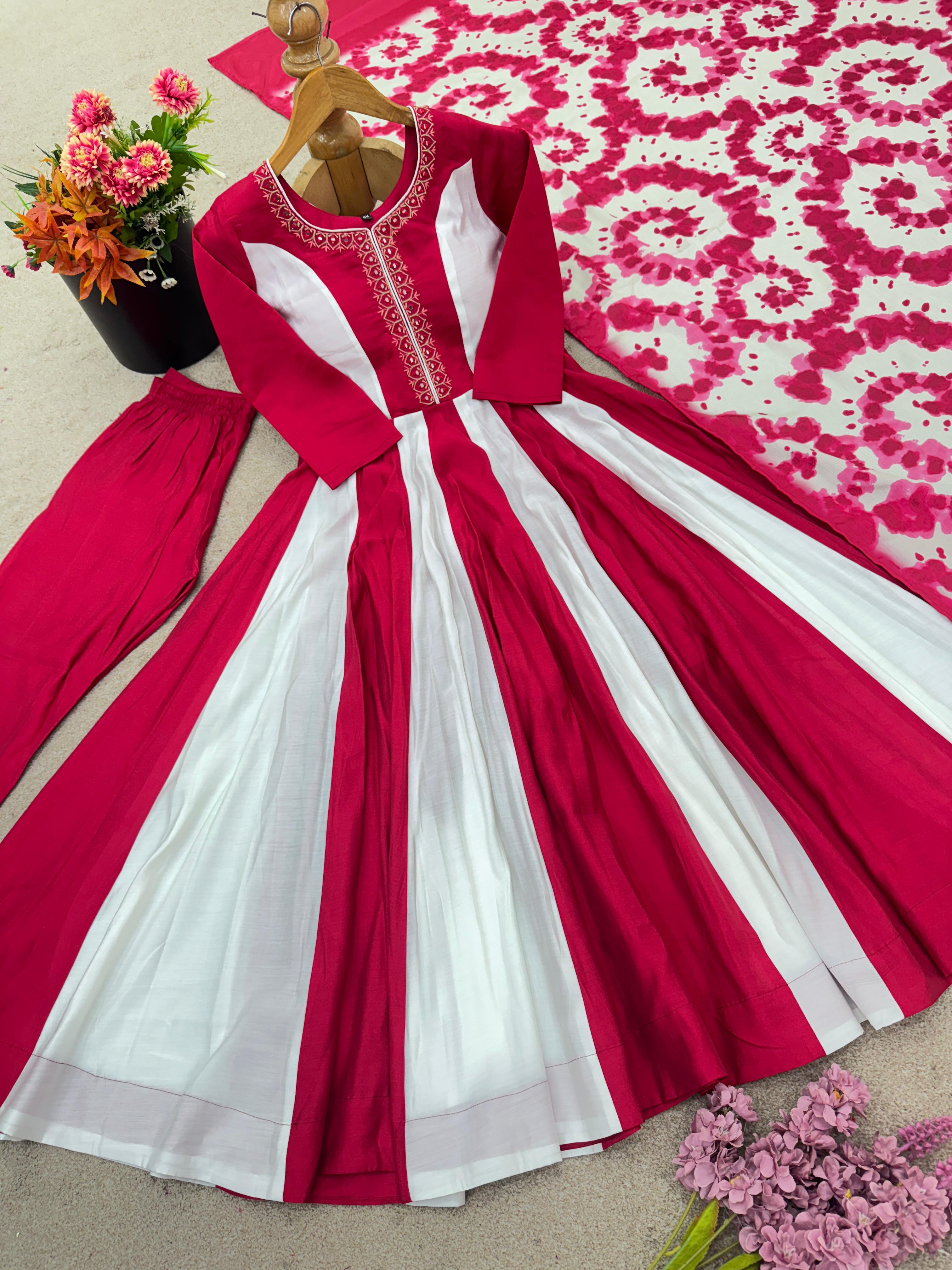 Premium Roman Silk Embroidered Anarkali Set with Digital Printed Dupatta | Fully Stitched 3-Piece Set