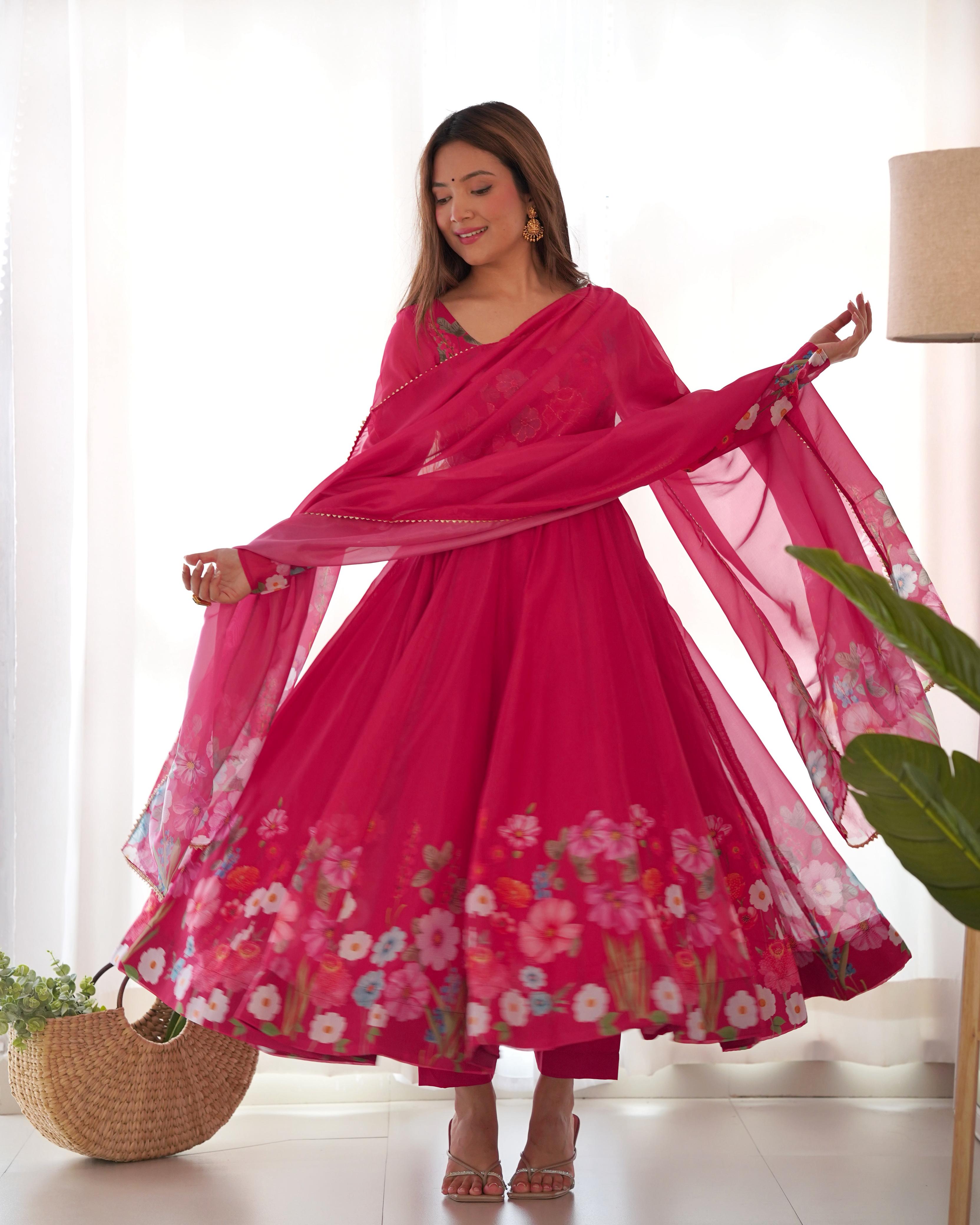 Pure Soft Organza Silk Fully Flared Kali Cut Anarkali Set with Pant & Dupatta