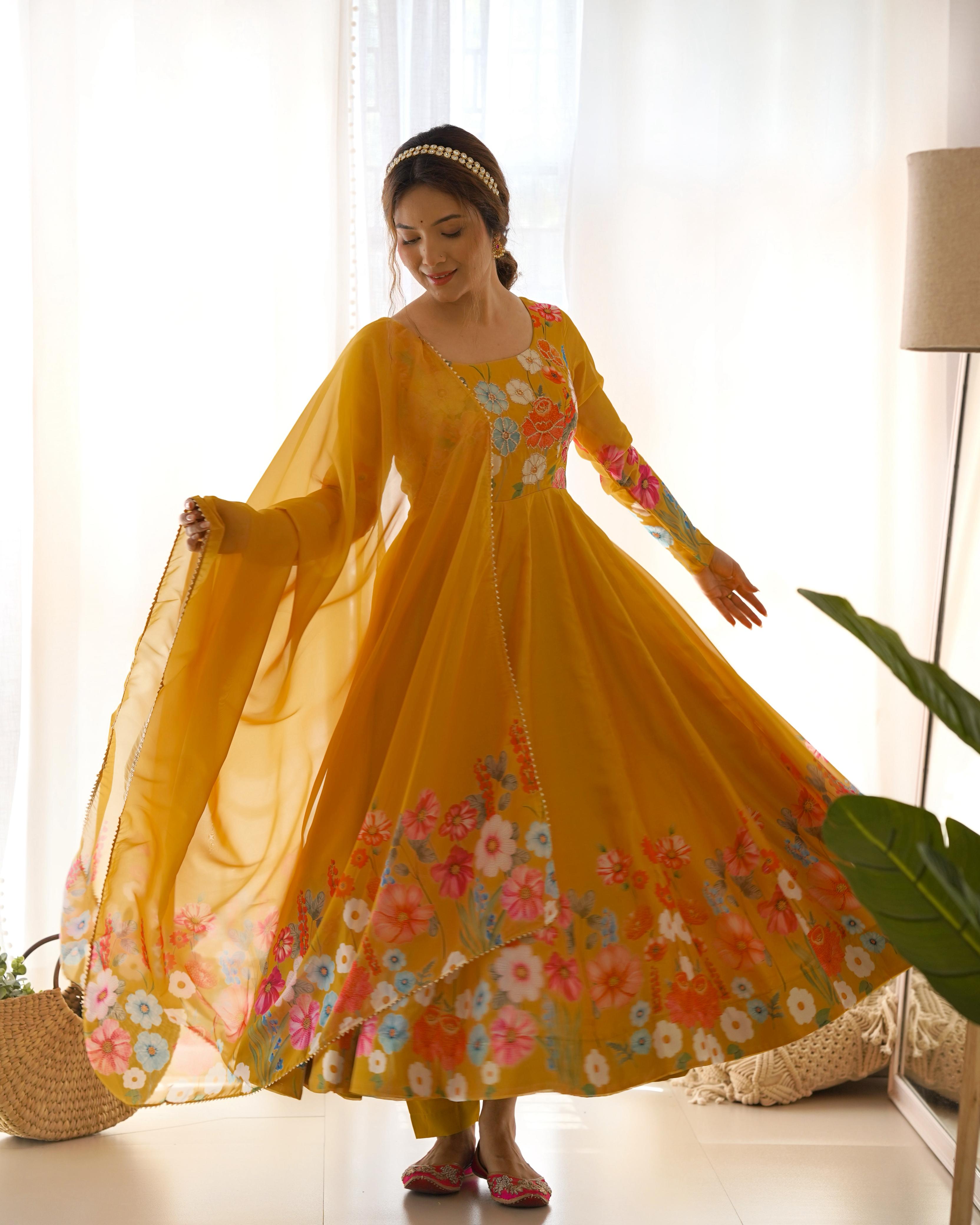 Pure Soft Organza Silk Fully Flared Kali Cut Anarkali Set with Pant & Dupatta
