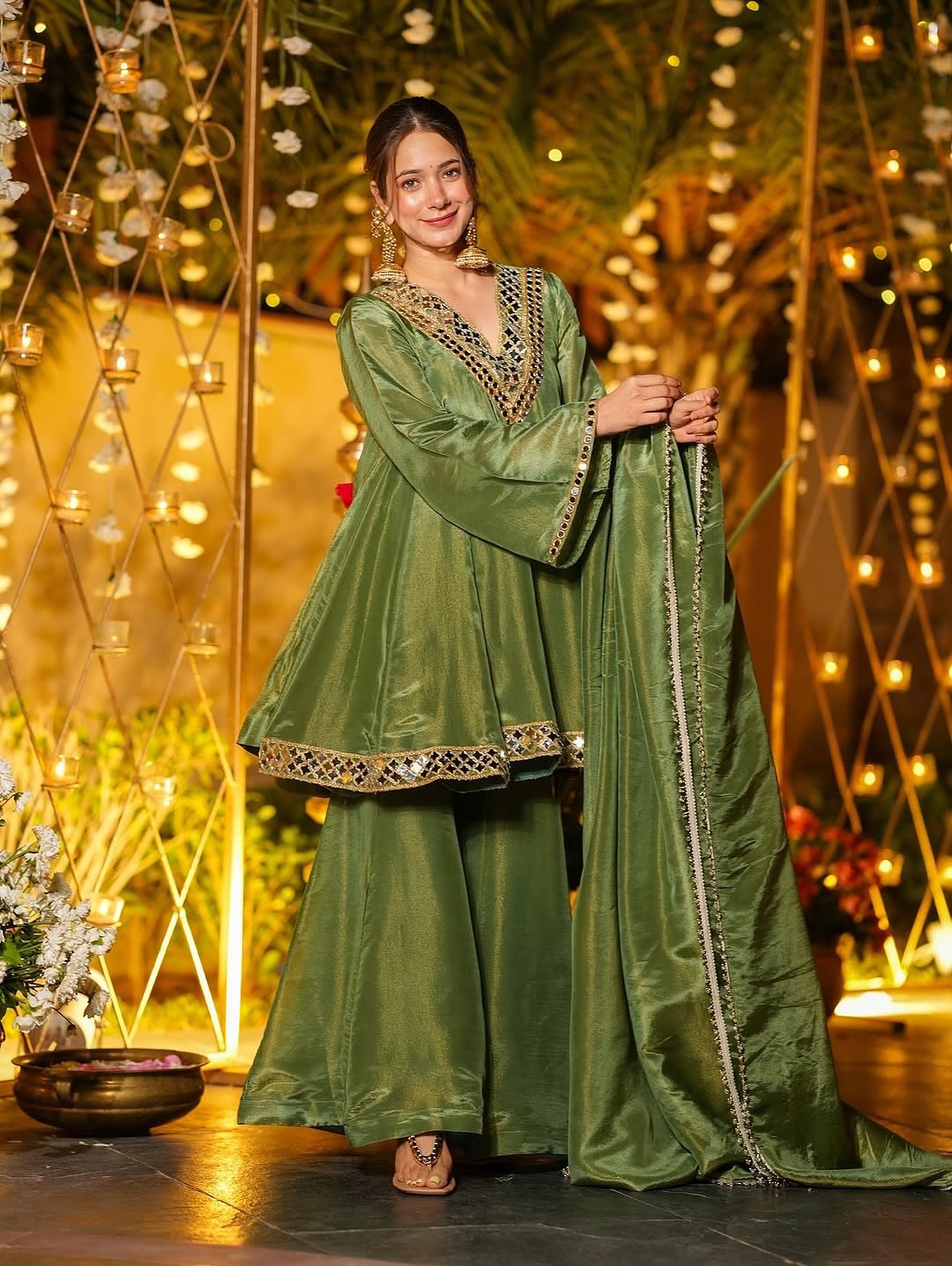 Real Mirror Work Chinon Silk Top, Plazzo & Dupatta Set
