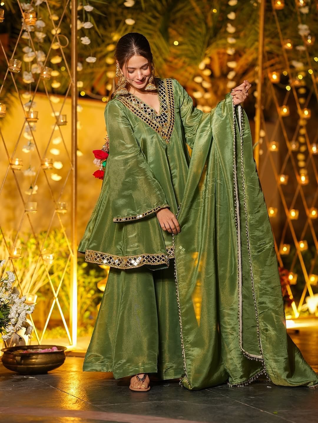 Real Mirror Work Chinon Silk Top, Plazzo & Dupatta Set