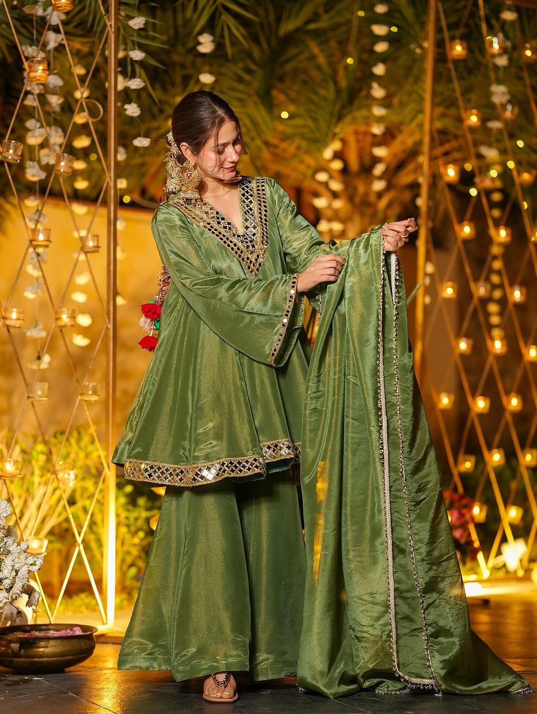 Real Mirror Work Chinon Silk Top, Plazzo & Dupatta Set