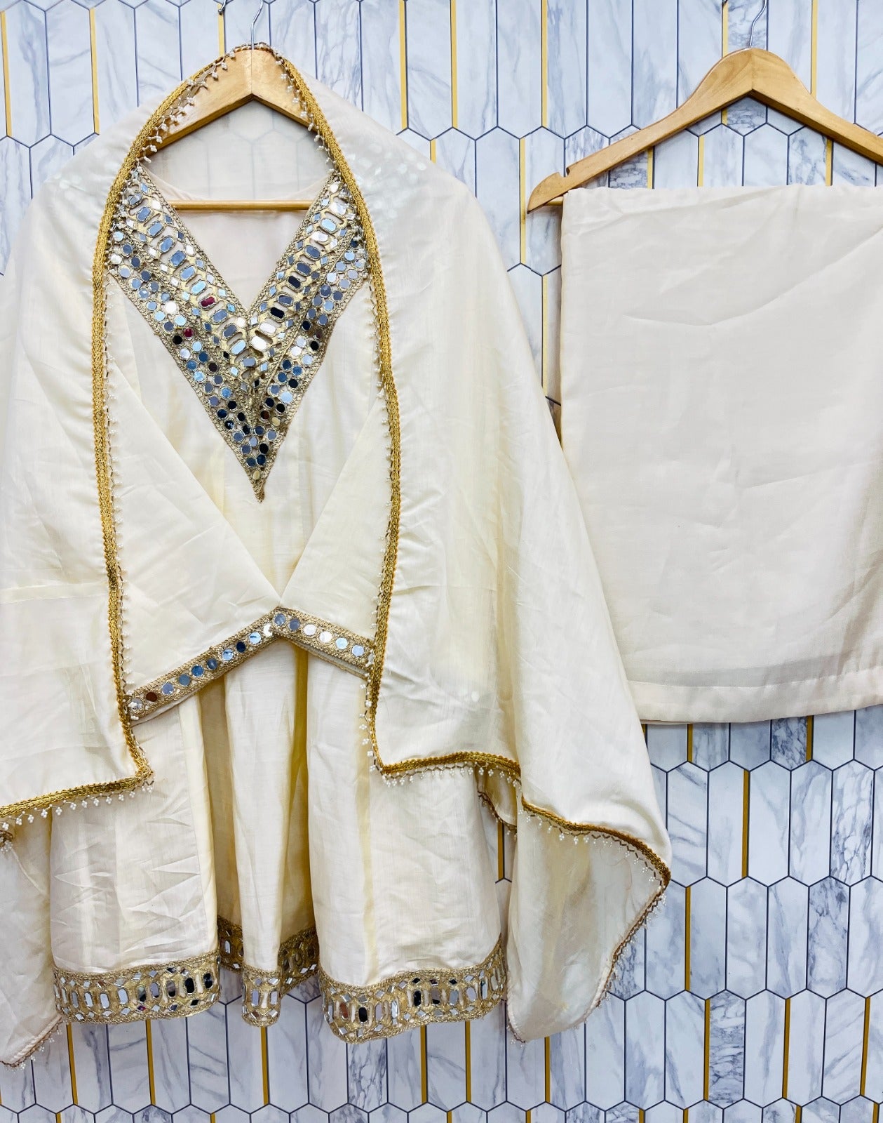 Real Mirror Work Chinon Silk Top, Plazzo & Dupatta Set