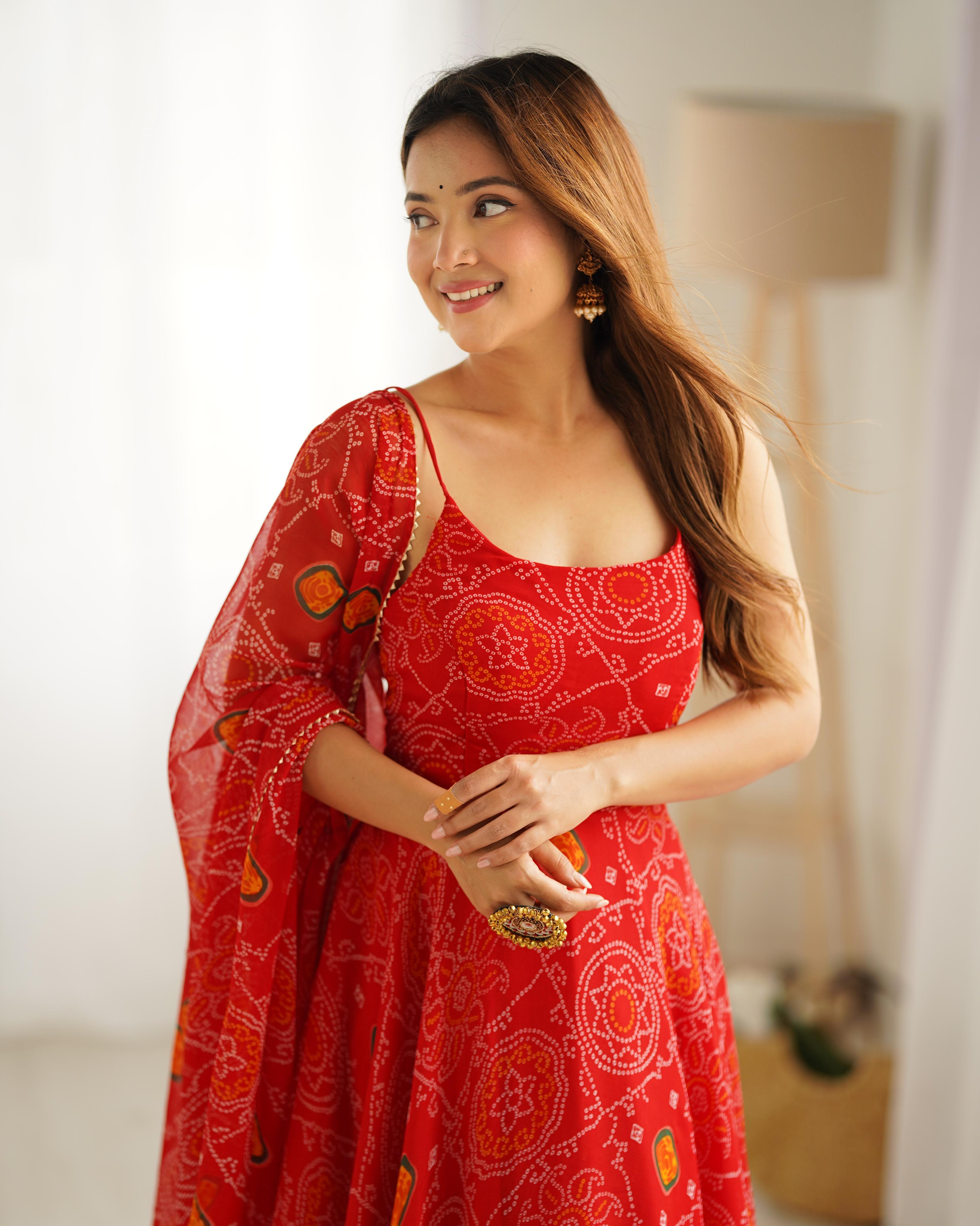 Designer Pure Soft Lightweight Chiffon Bandhej Fully Flared Anarkali Gown Set with Dupatta & Pant