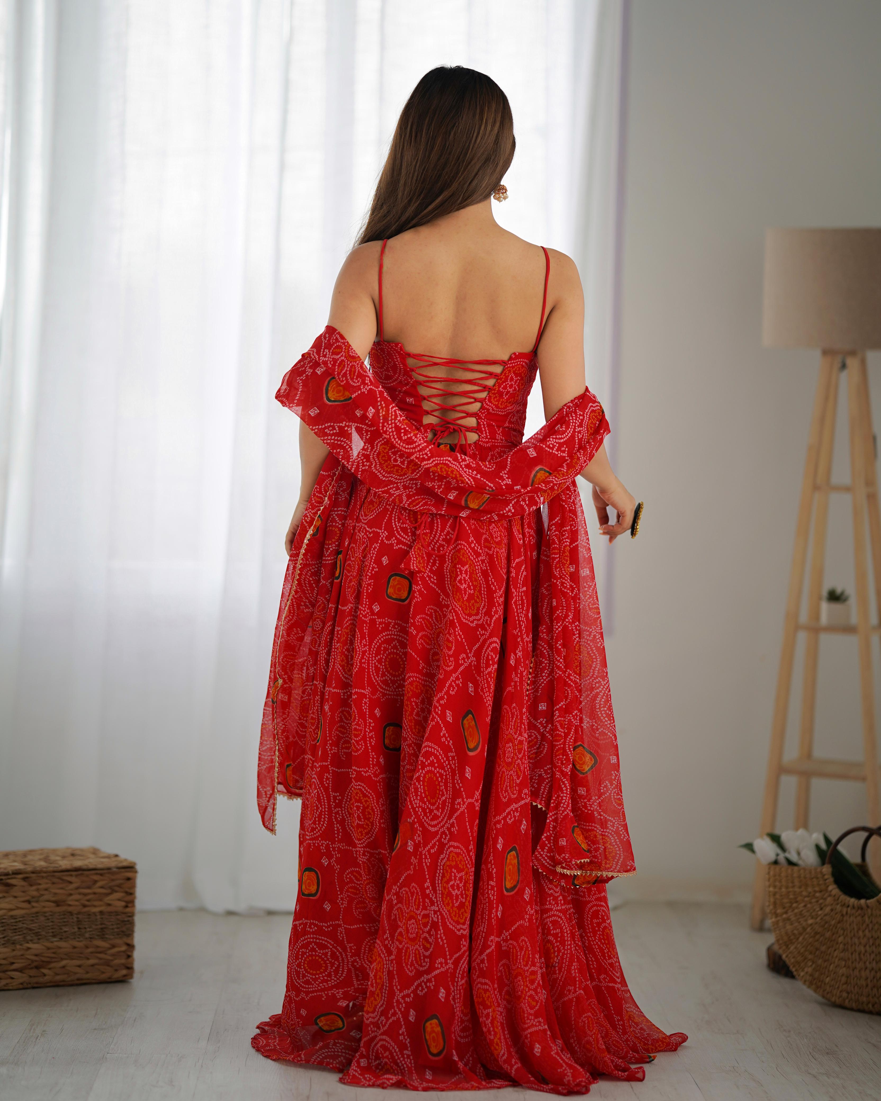 Designer Pure Soft Lightweight Chiffon Bandhej Fully Flared Anarkali Gown Set with Dupatta & Pant